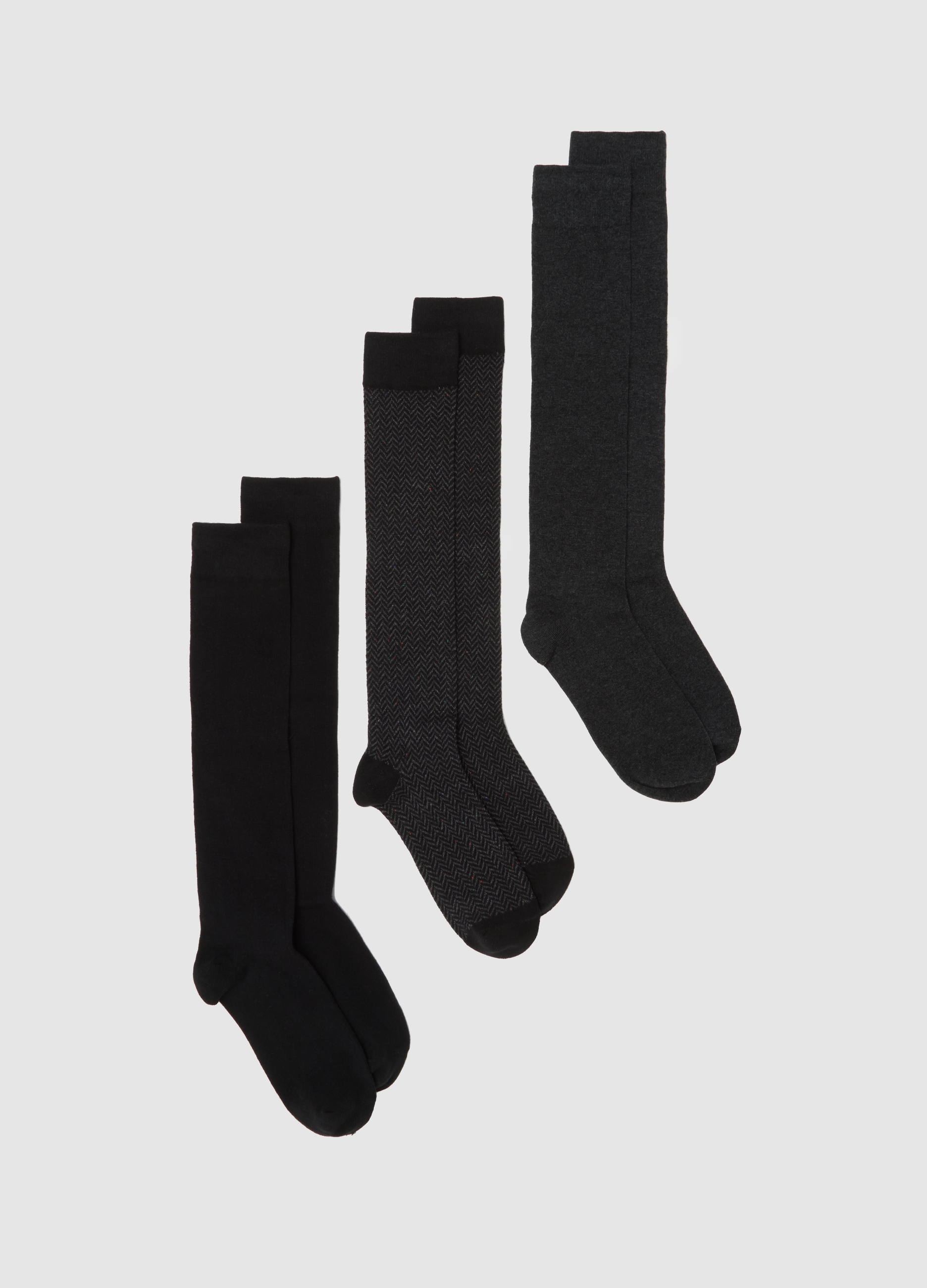 Pack De Tres Calcetines Largos De Algodón Negro Elástico, Hombre, Negro/Gris, Talla: 43/46
