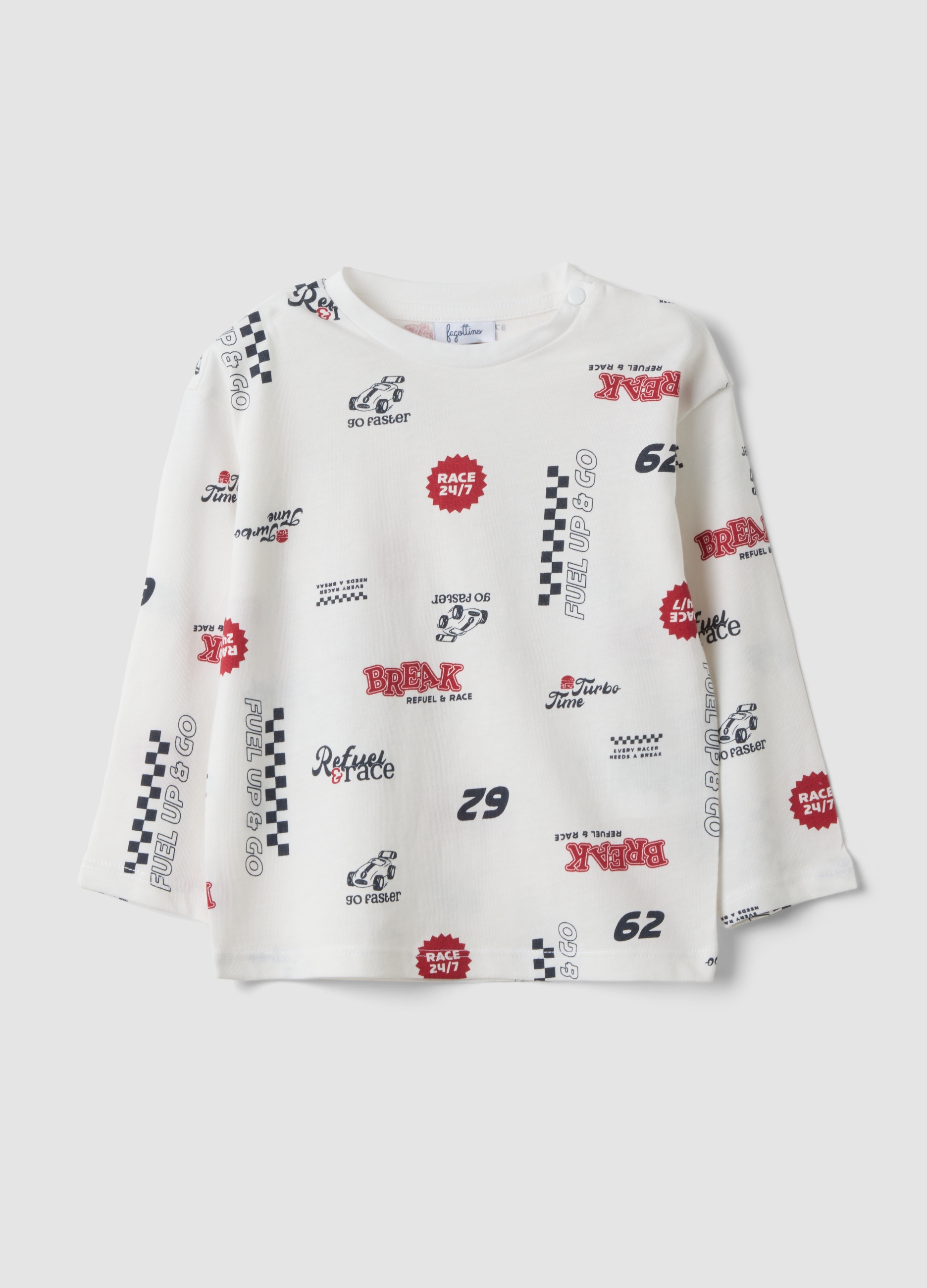 FAGOTTINO, T-shirt Bianca In Puro Cotone Organico Con Fantasia Racing Per Bimbo, Bambino, Bianco, Taglia: 9-12