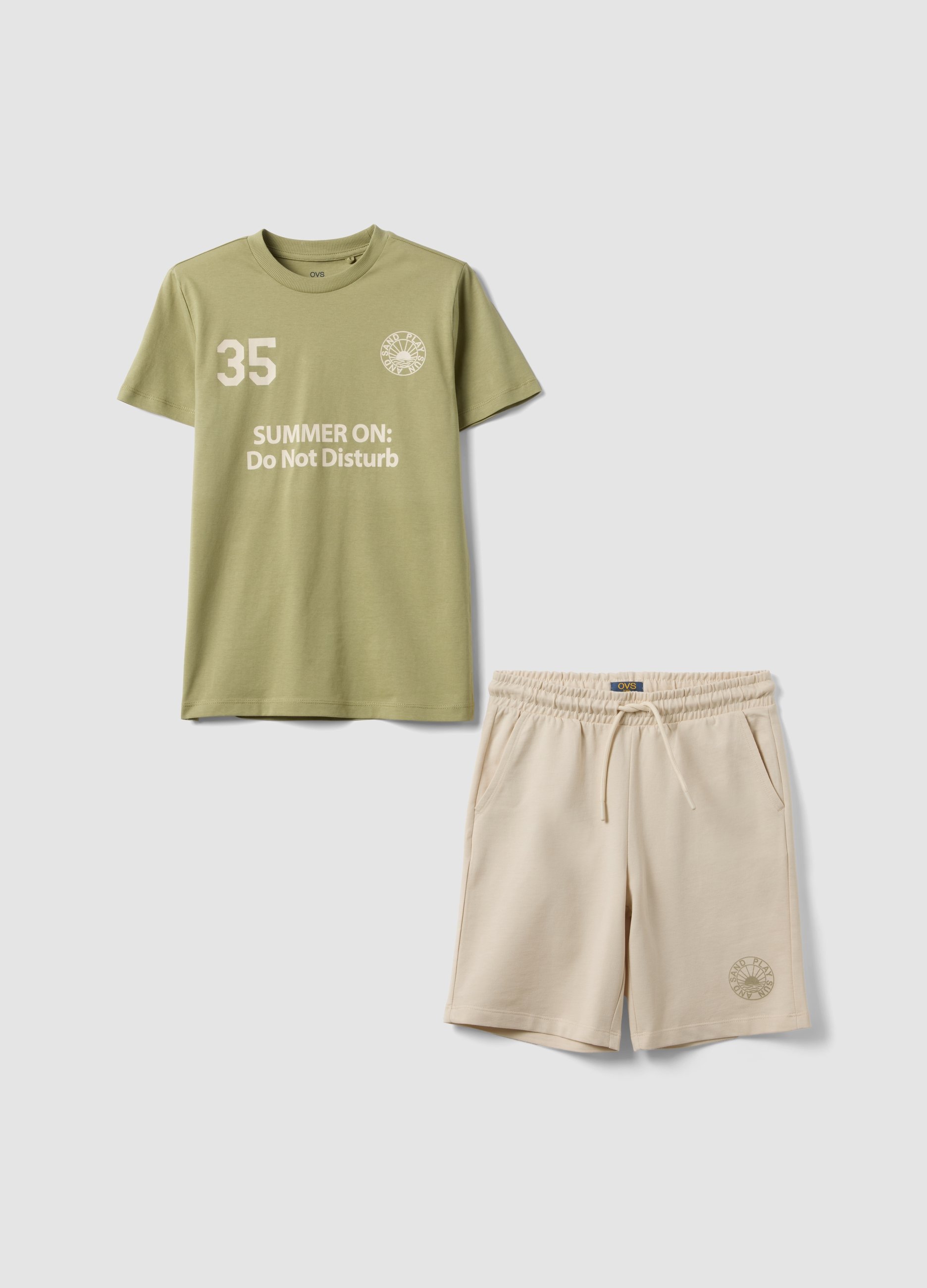 OVS KIDS, Conjunto Verde De Puro Algodón Con Camiseta Y Shorts, Niño, Beige, Talla: 12-13