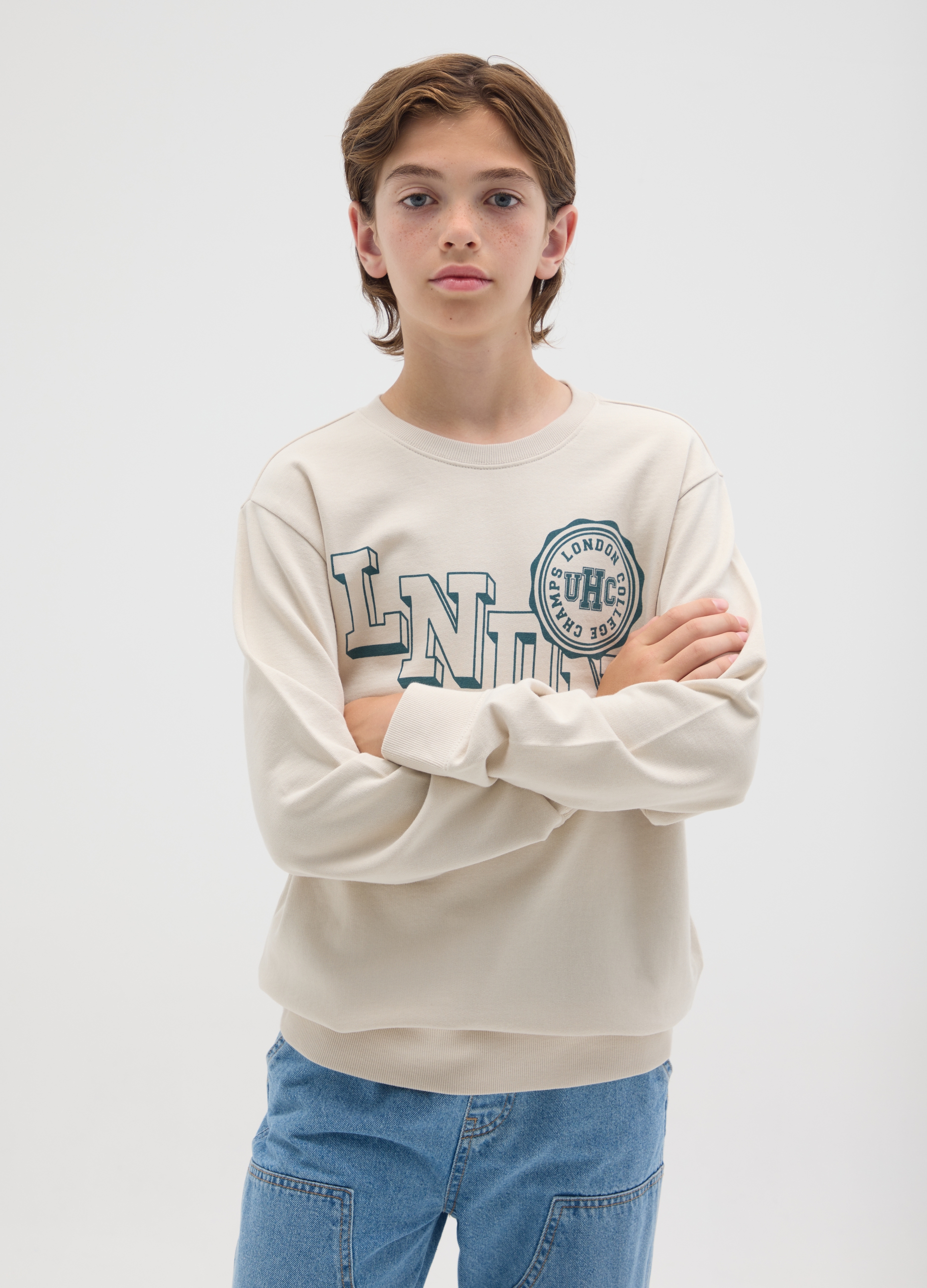 Sudadera De Tejido Rizado Con Estampado De Texto, Niño, Crudo, Talla: 11-12