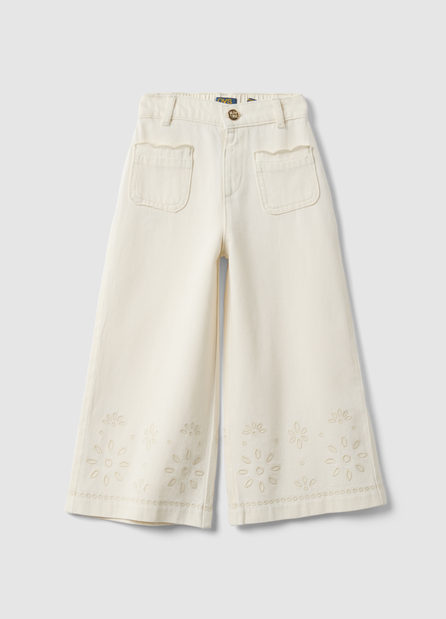 OVS KIDS, Pantaloni Culotte In Puro Cotone Bianco Da Bambina Con Ricami, Niña, Blanco crema, Talla: 5-6