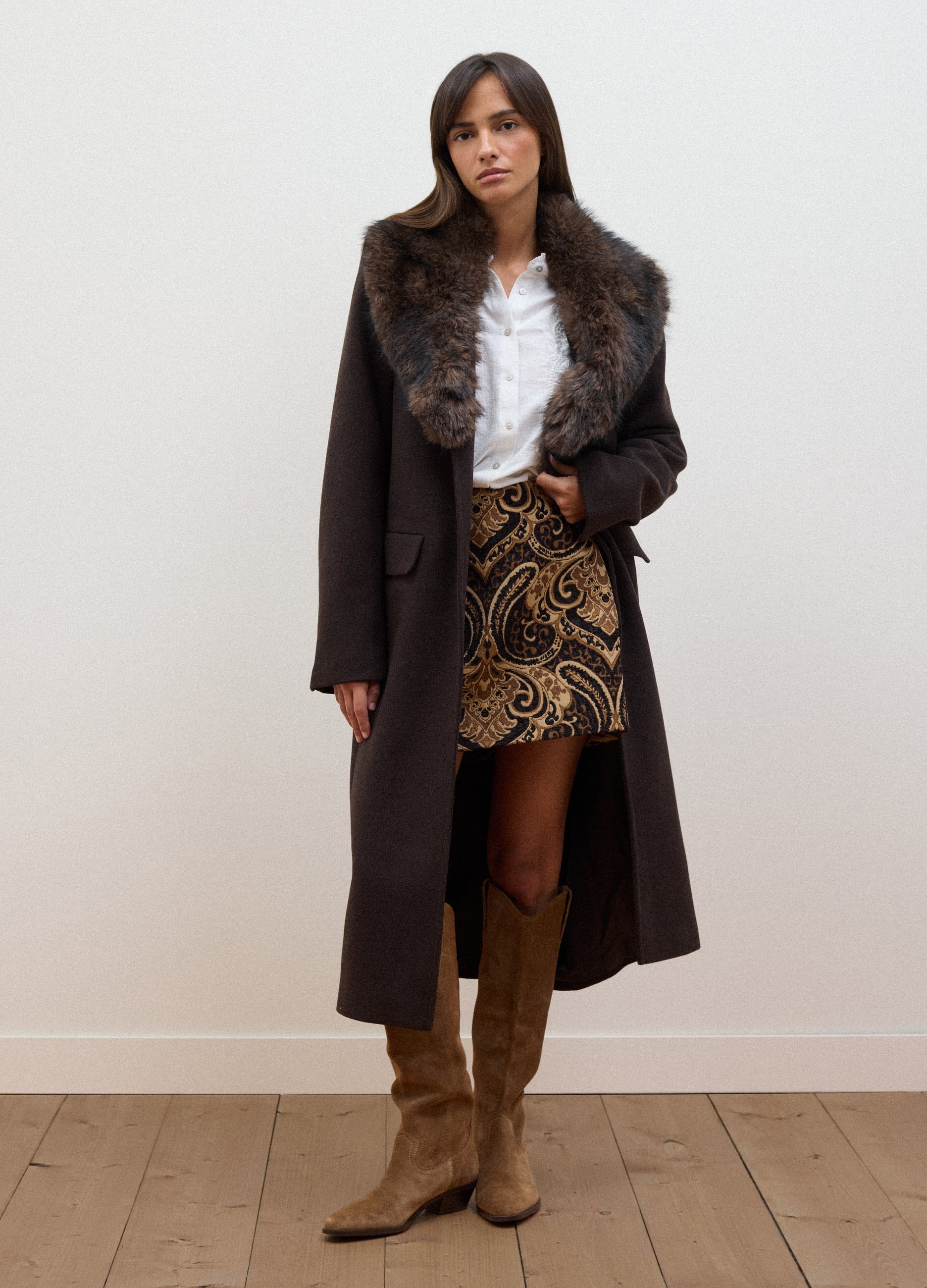 LES COPAINS, Cappotto Marrone Lungo In Misto Lana E Viscosa Con Colletto A Contrasto, Donna, Marrone, Taglia: XS