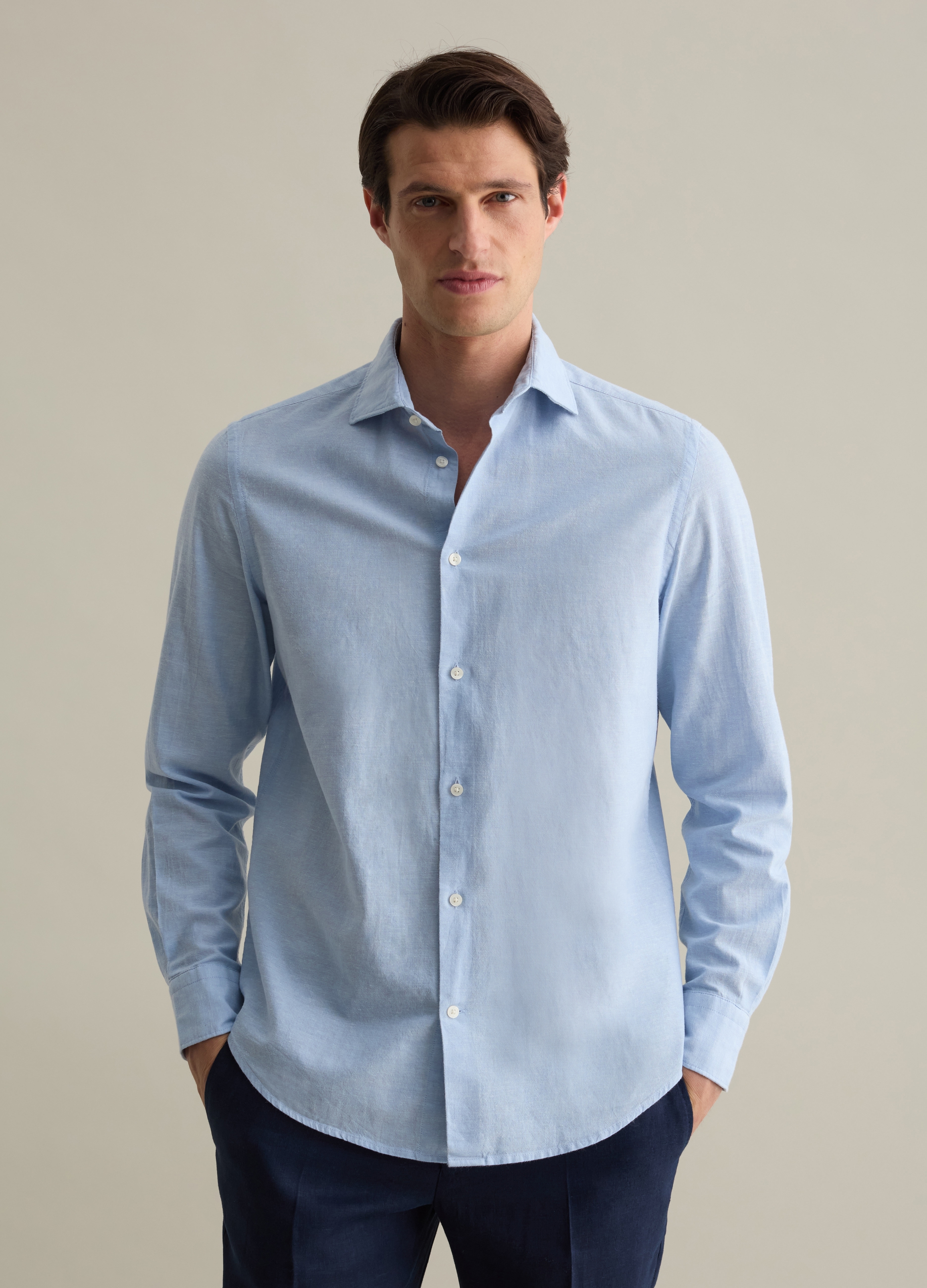 PIOMBO, Camicia Regular Fit In Cotone E Lino, Uomo, Azzurro, Taglia: L