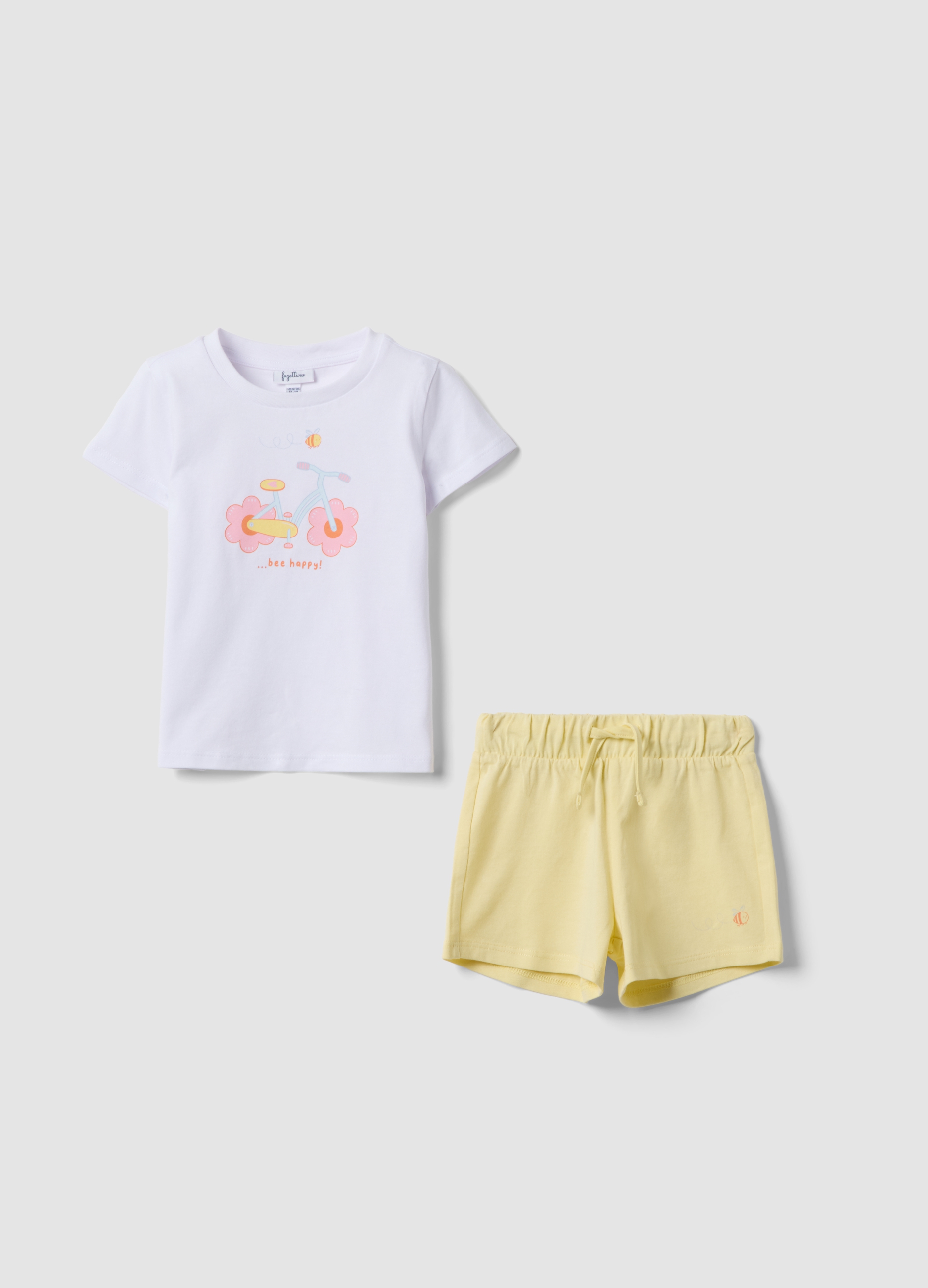 FAGOTTINO, Conjunto De Camiseta Y Pantalones Cortos Multicolor De Algodón Puro Para Niña, Ajuste Regular, Niña, Blanco/amarillo, Talla: 24-30