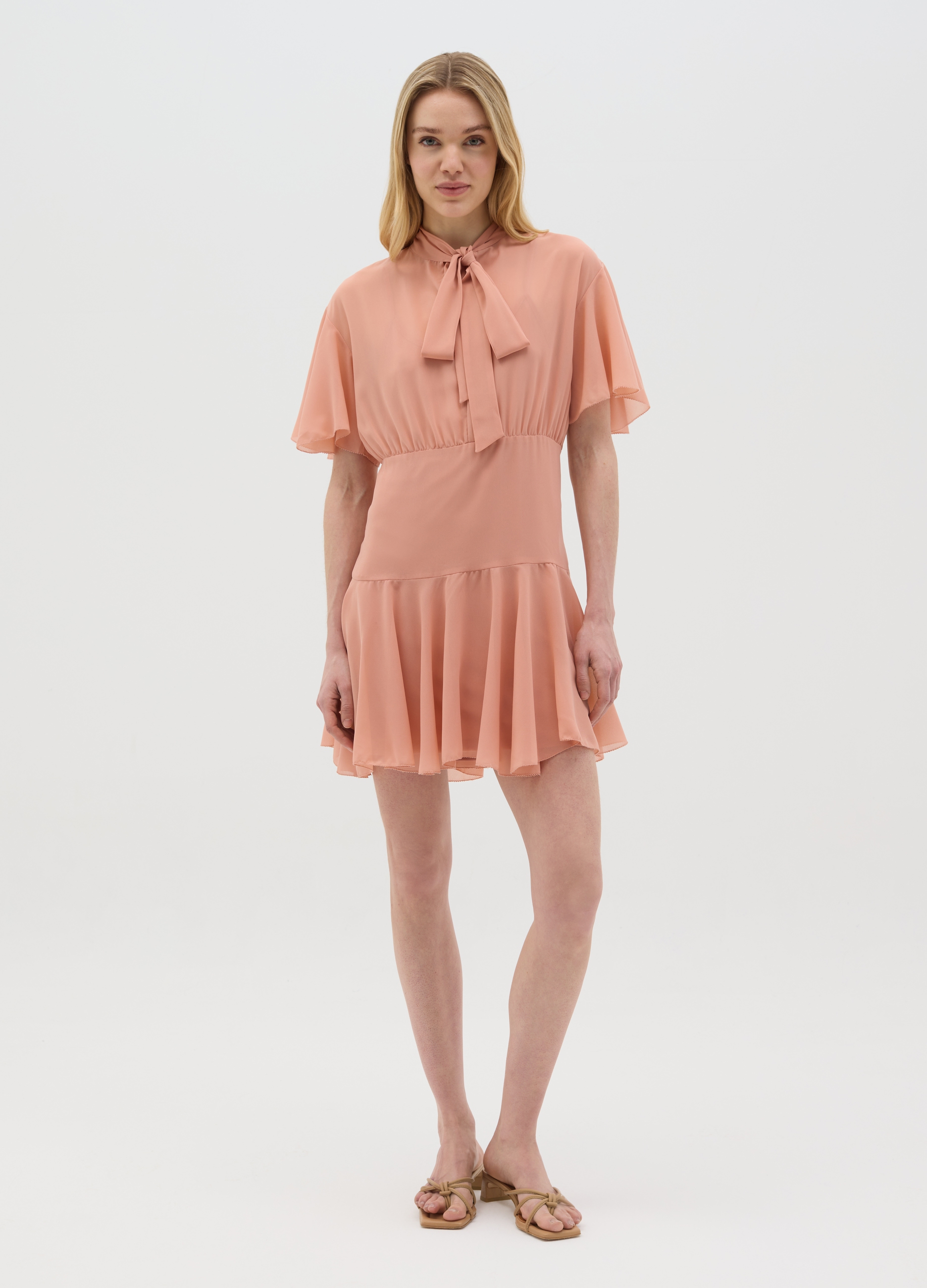 OVS , Abito Da Donna In Misto Georgette Rosa Regular Fit Con Fiocco, Rosa, Taglia: 38