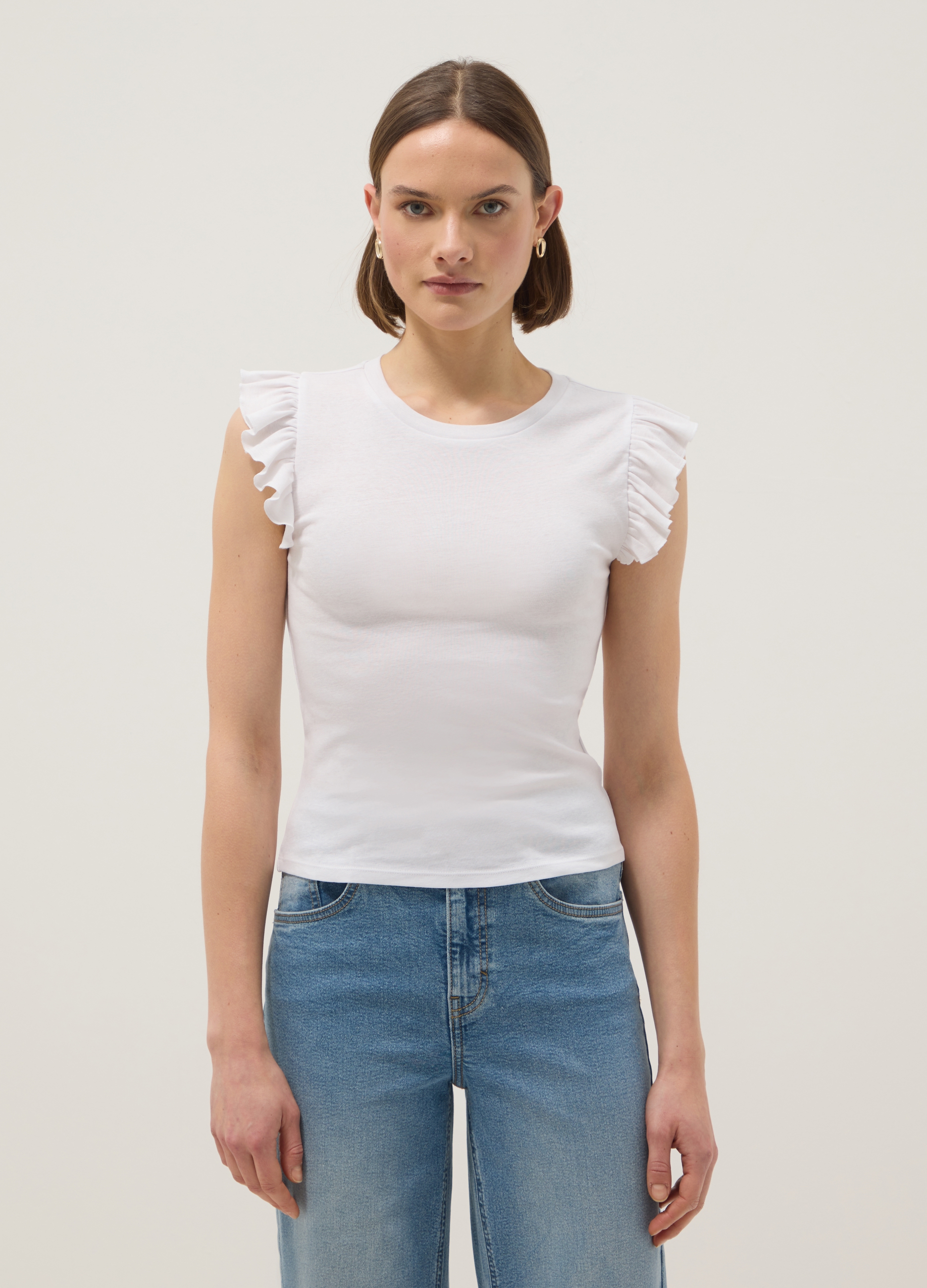 Camiseta Blanca Slim Fit De Puro Algodón Con Volantes, Mujer, Blanco óptico, Talla: 36