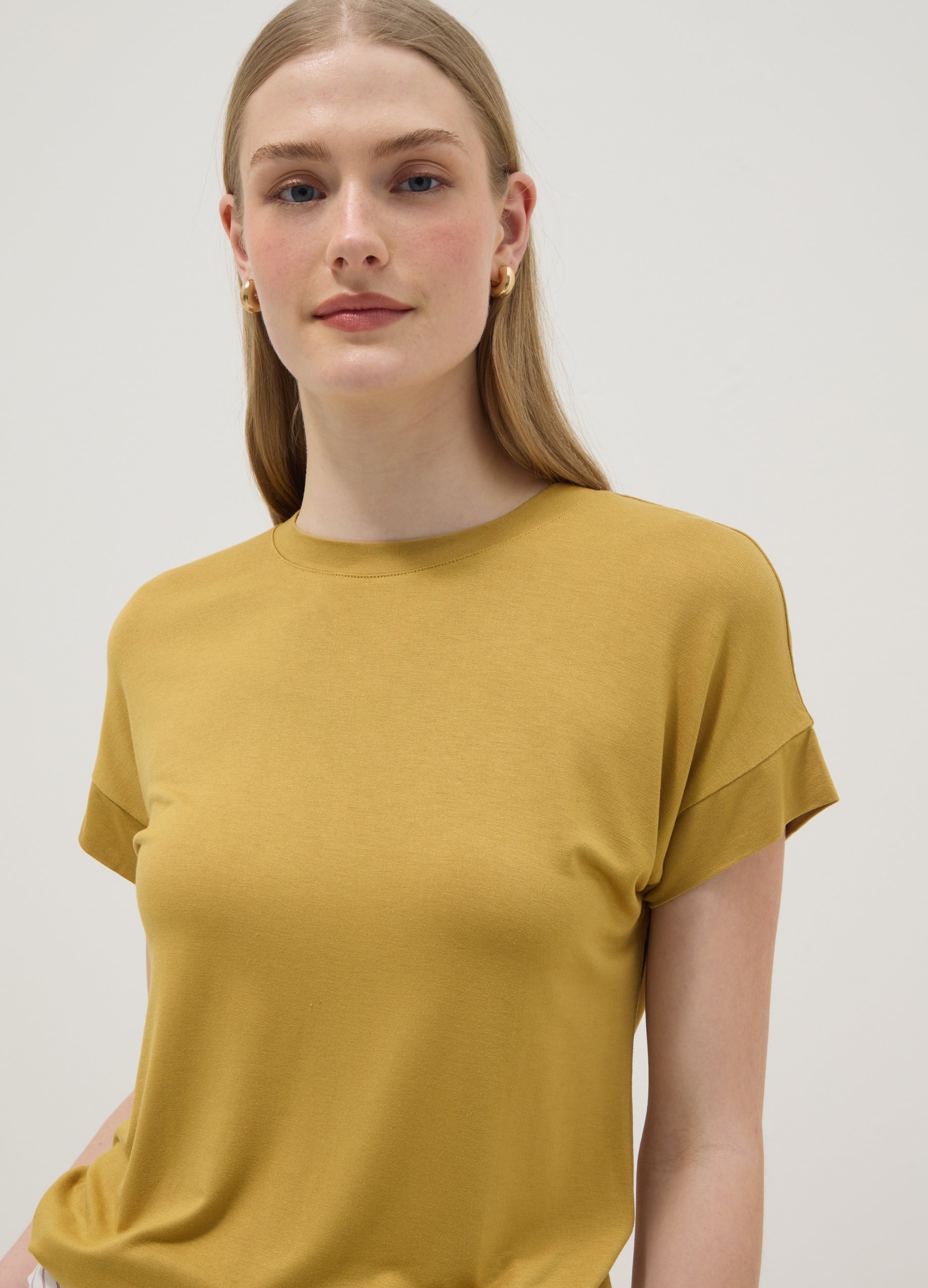 Camiseta Amarilla De Manga Corta En Viscosa Elástica, Mujer, Amarillo, Talla: 36