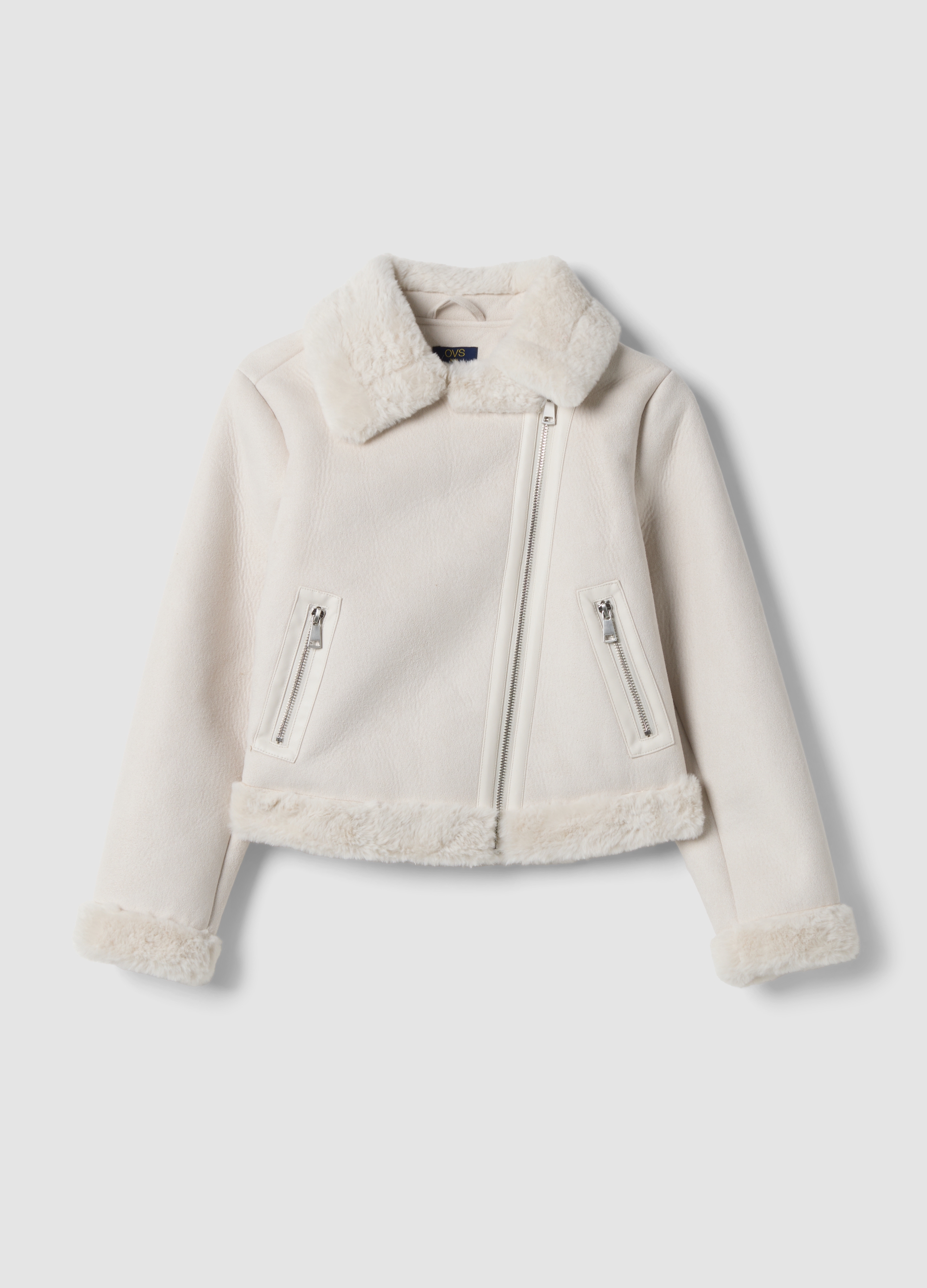 OVS KIDS, Giacca Bianca Con Zip Diagonale E Profili Effetto Shearling Slim Fit, Bambina, Bianco, Taglia: 14-15