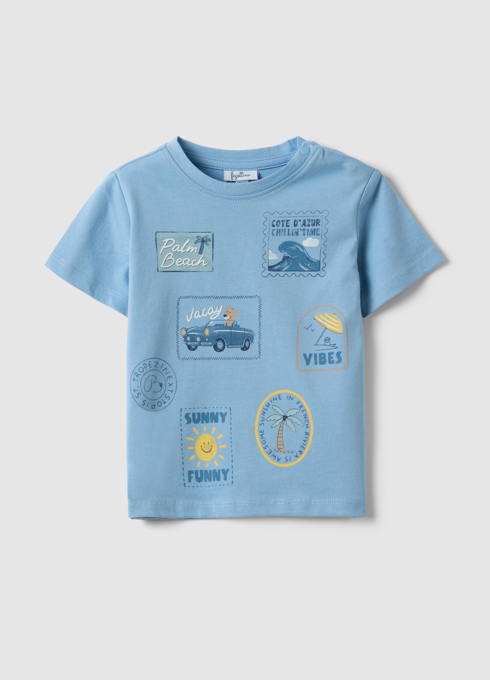 FAGOTTINO, Camiseta Infantil De Puro Algodón Azul Cielo Regular Fit Con Estampados, Niño, Azul Cielo, Talla: 12-18