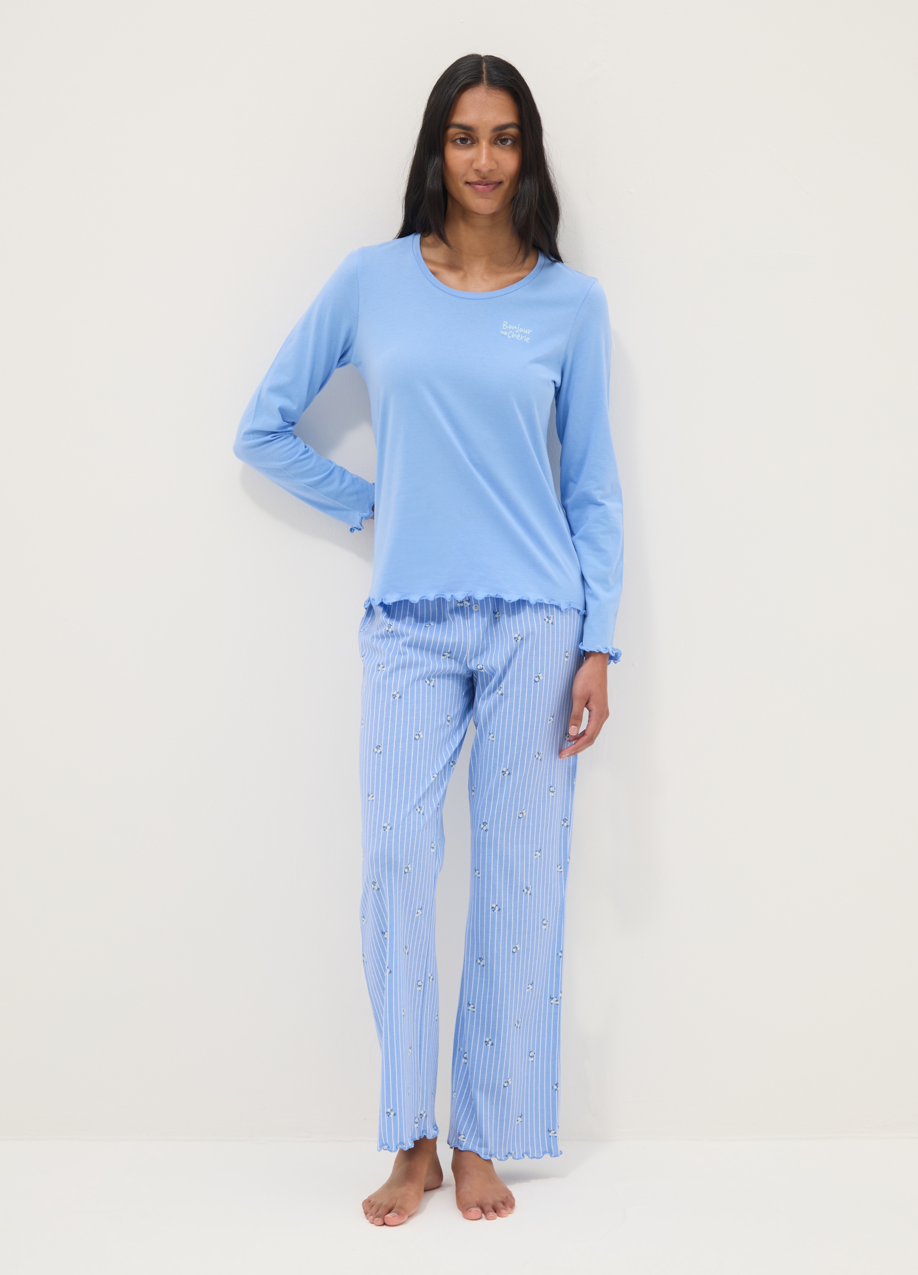 Ovs Damen Azzurro Himmelblaue Pyjamas Aus Reiner Baumwolle Mit Regulärer Passform Und Rüschen, Frau, Größe: Xxl
