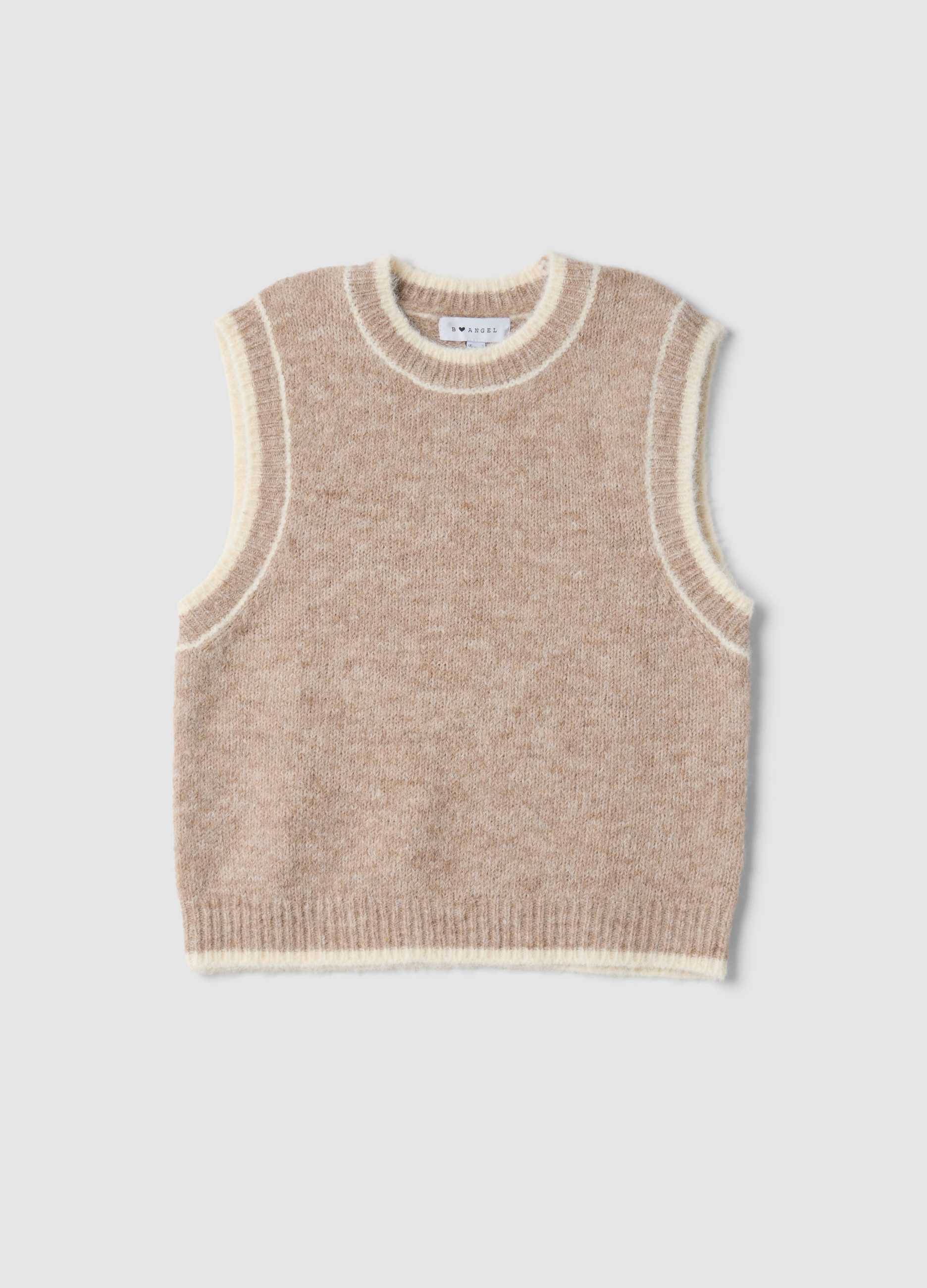 B.ANGEL, Gilet Beige In Lana Elasticizzata A Girocollo Over Fit, Donna, Beige, Taglia: L