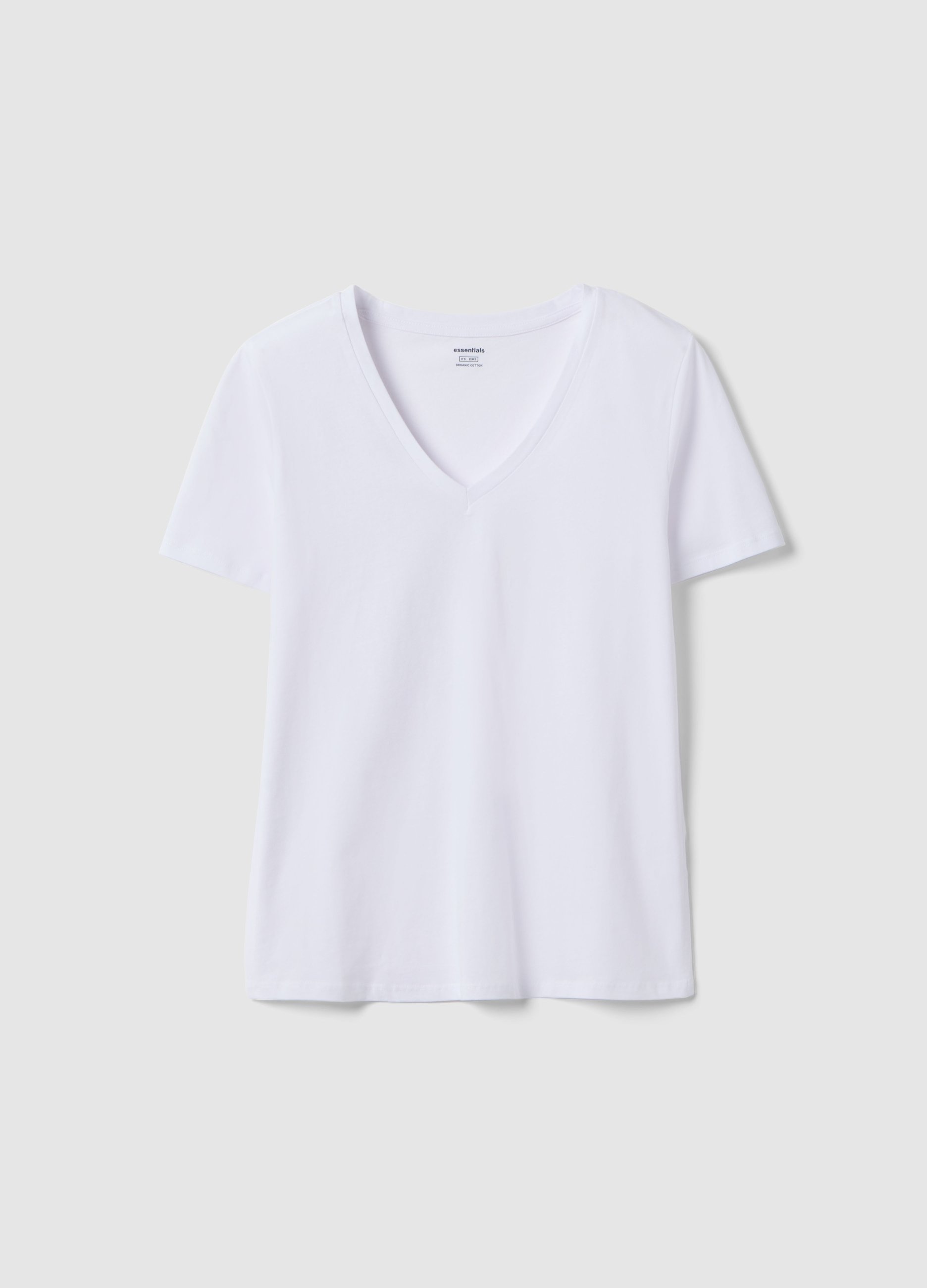 Camiseta Blanca De Puro Algodón Regular Fit Con Cuello En V, Mujer, Blanco óptico, Talla: 38