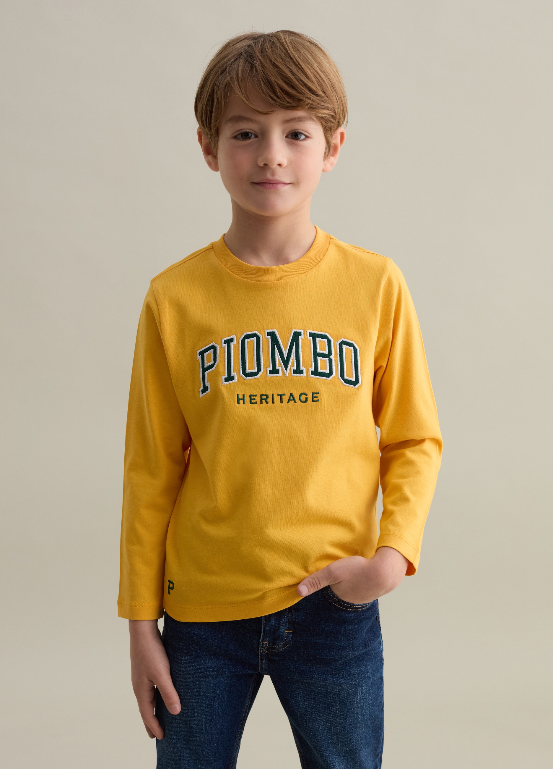 PIOMBO KIDS, T-shirt A Maniche Lunghe Con Ricamo Logo, Bambino, Verde, Taglia: 8