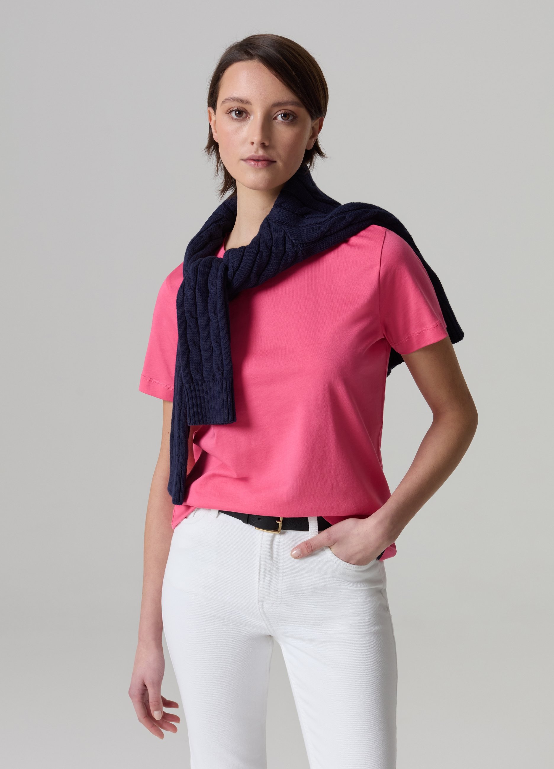 PIOMBO, T-shirt Girocollo In Cotone Supima, Donna, Rosa, Taglia: XS