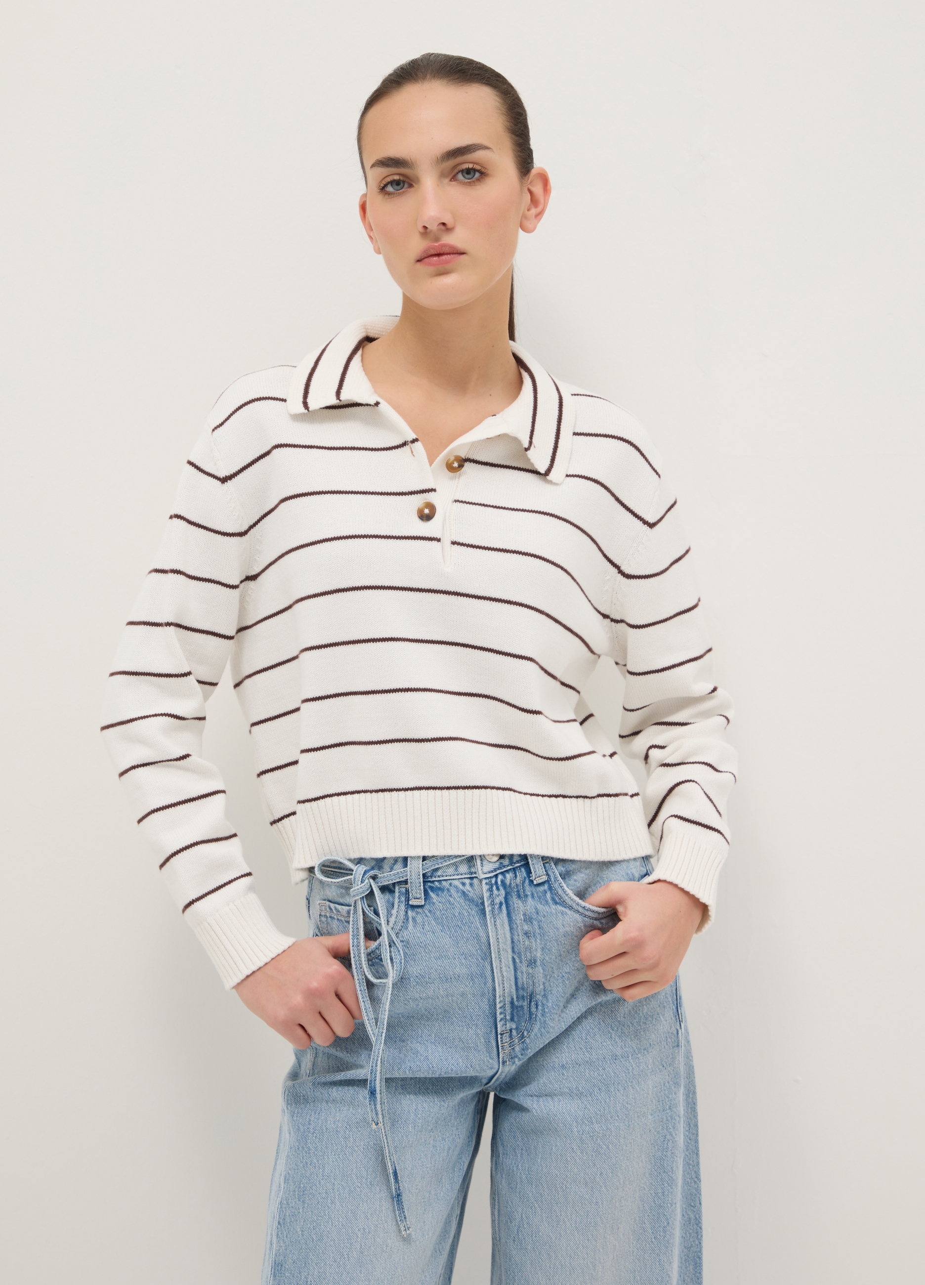 B.ANGEL, Jersey De Algodón Puro A Rayas Multicolor, Corte Regular, Mujer, Blanco/marrón, Talla: 40