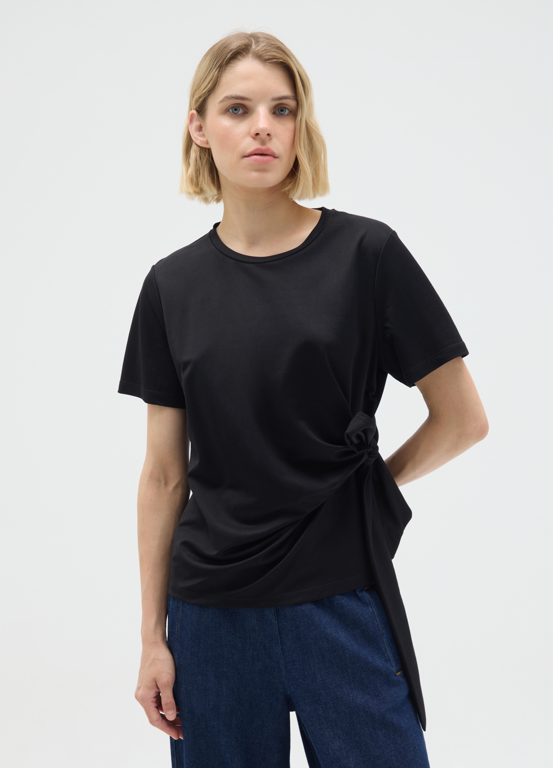 OVS, Schwarzes Viskose-mischgewebe T-shirt Mit Knoten, Frau, Gunmetal, Größe: 36