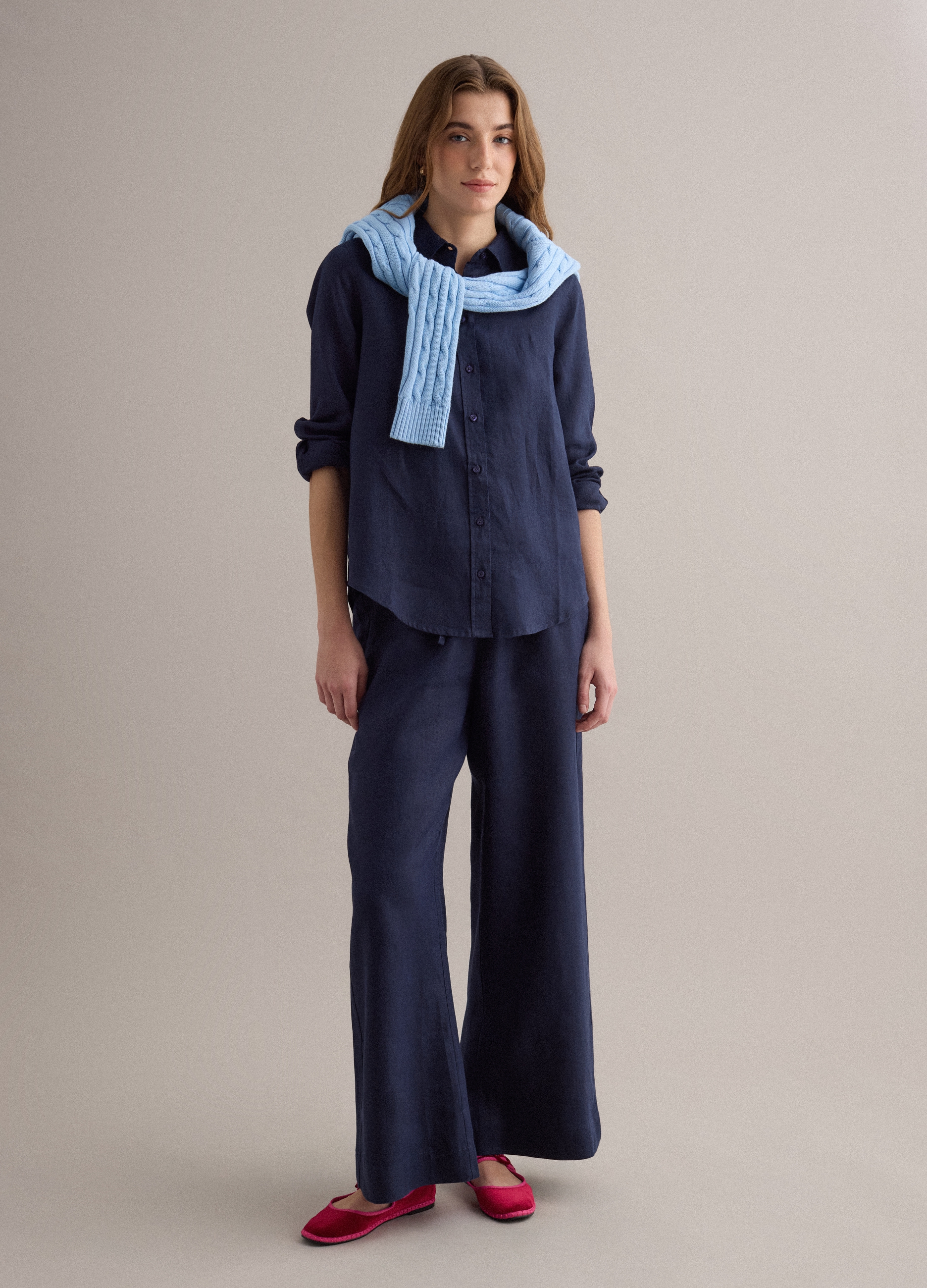 PIOMBO, Pantalón Azul De Lino Puro Con Cordón, Corte Recto, Mujer, Azul marino, Talla: 36