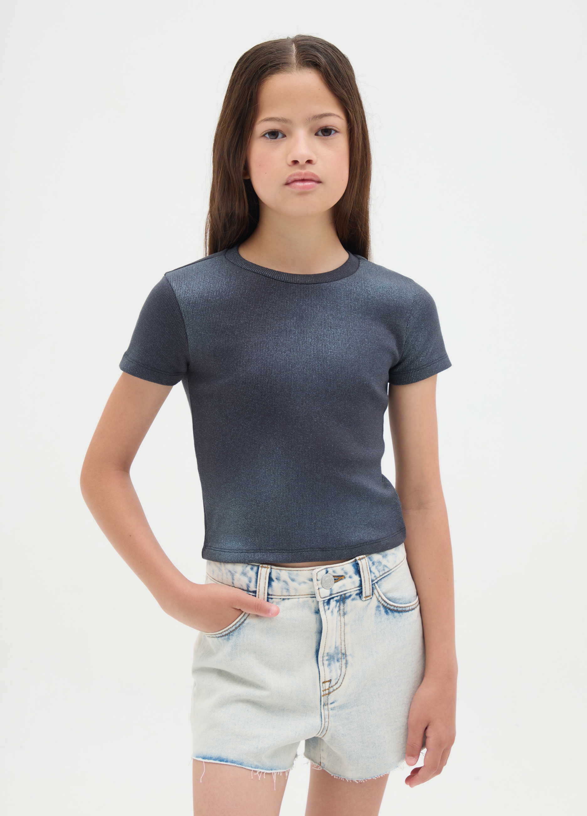 OVS, T-shirt Da Ragazza In Cotone Elasticizzato Nero Regular Fit, Bambina, Blu, Taglia: 10-11