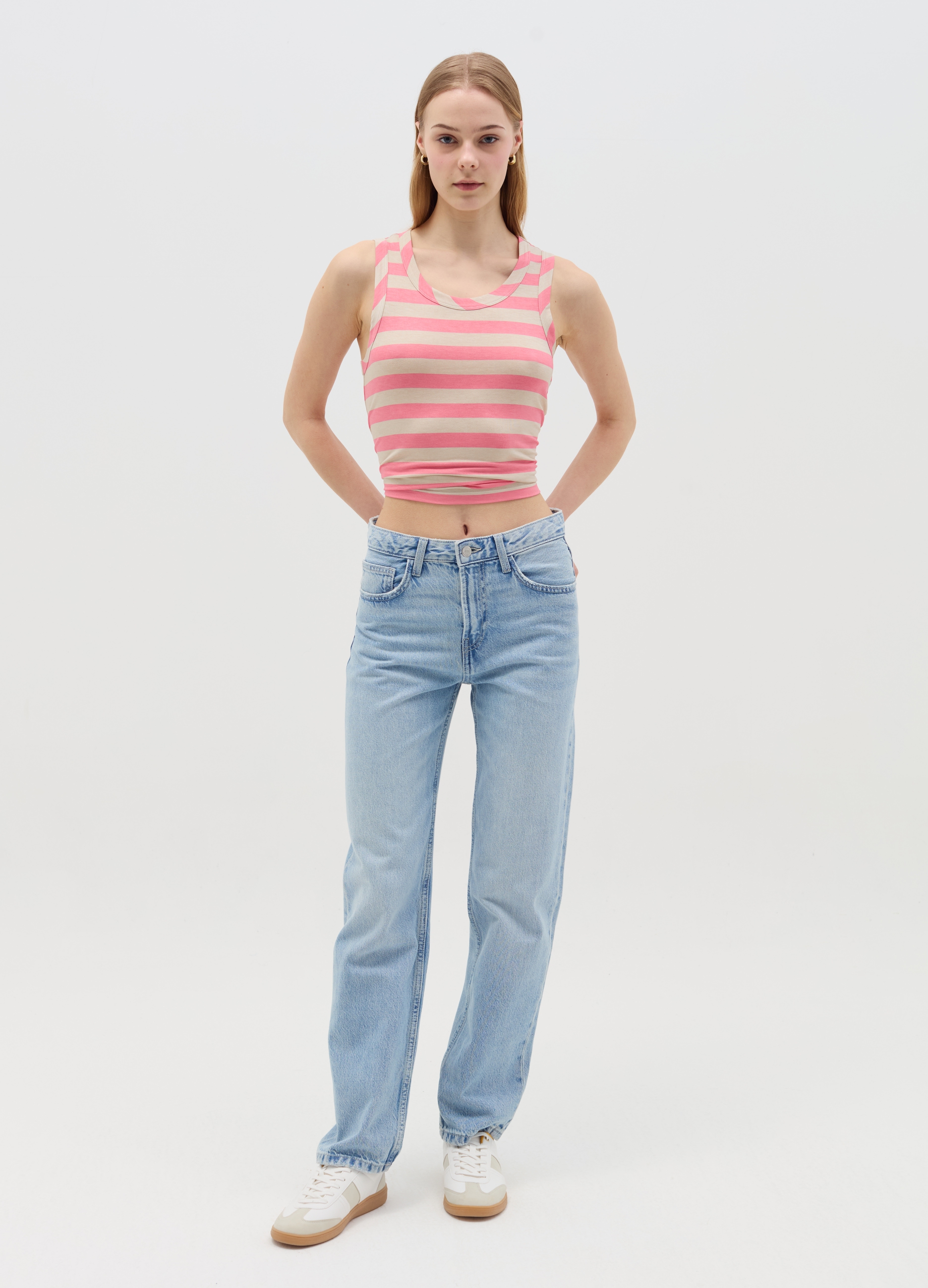 OVS , Tank Top A Righe Rosa E Beige In Viscosa Stretch, Donna, Multicolor, Taglia: M