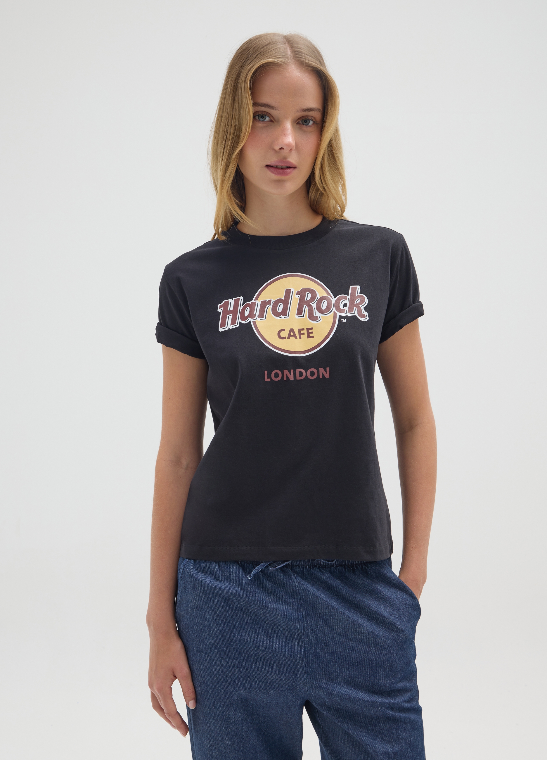 OVS, T-shirt Nera In Puro Cotone Con Stampa Hard Rock Cafe, Donna, Nero, Taglia: S