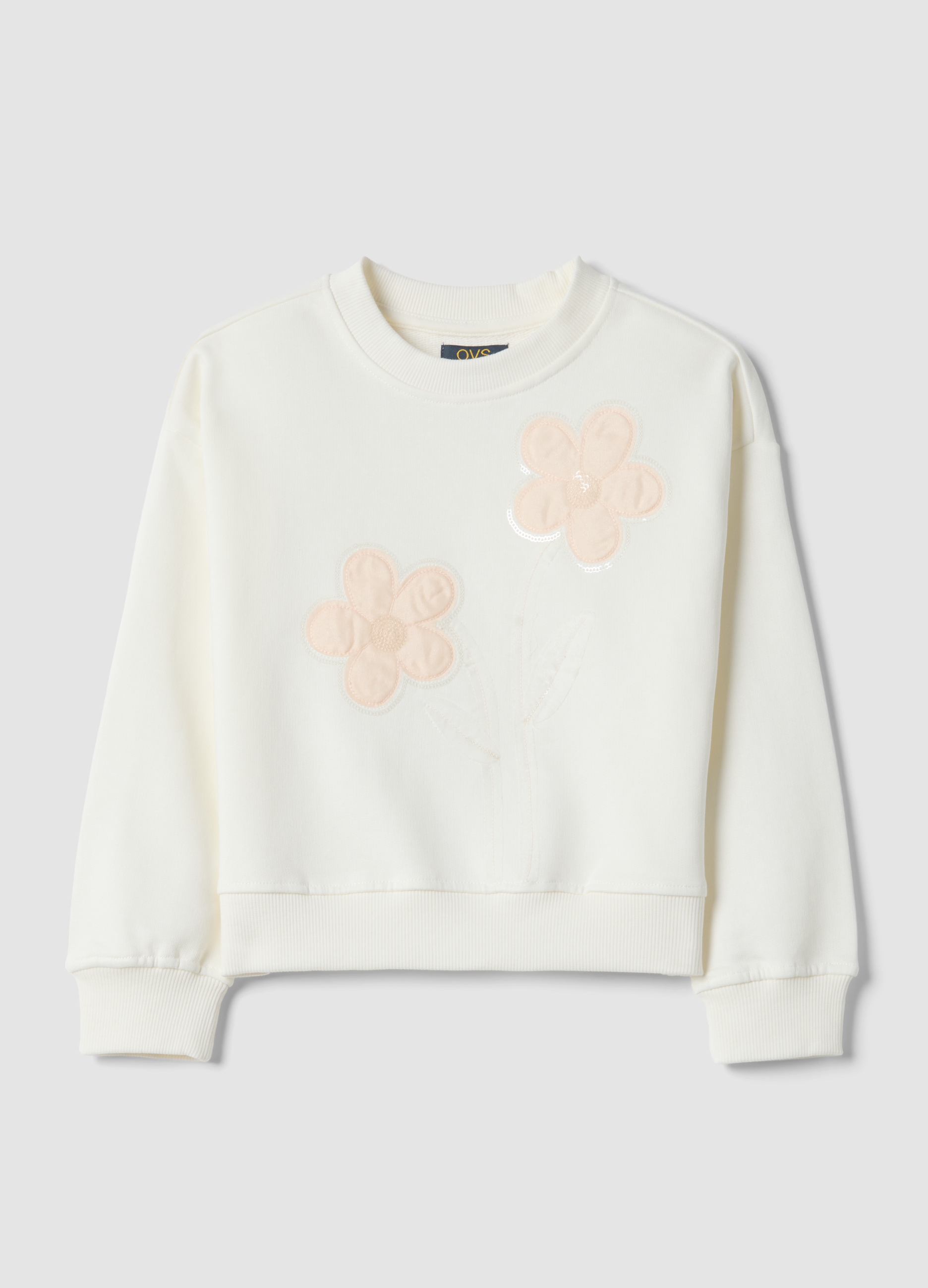 OVS KIDS, Sudadera Blanca De Niña En Puro Algodón Ajuste Regular Con Bordados Florales, Niña, Blanco óptico, Talla: 6-7