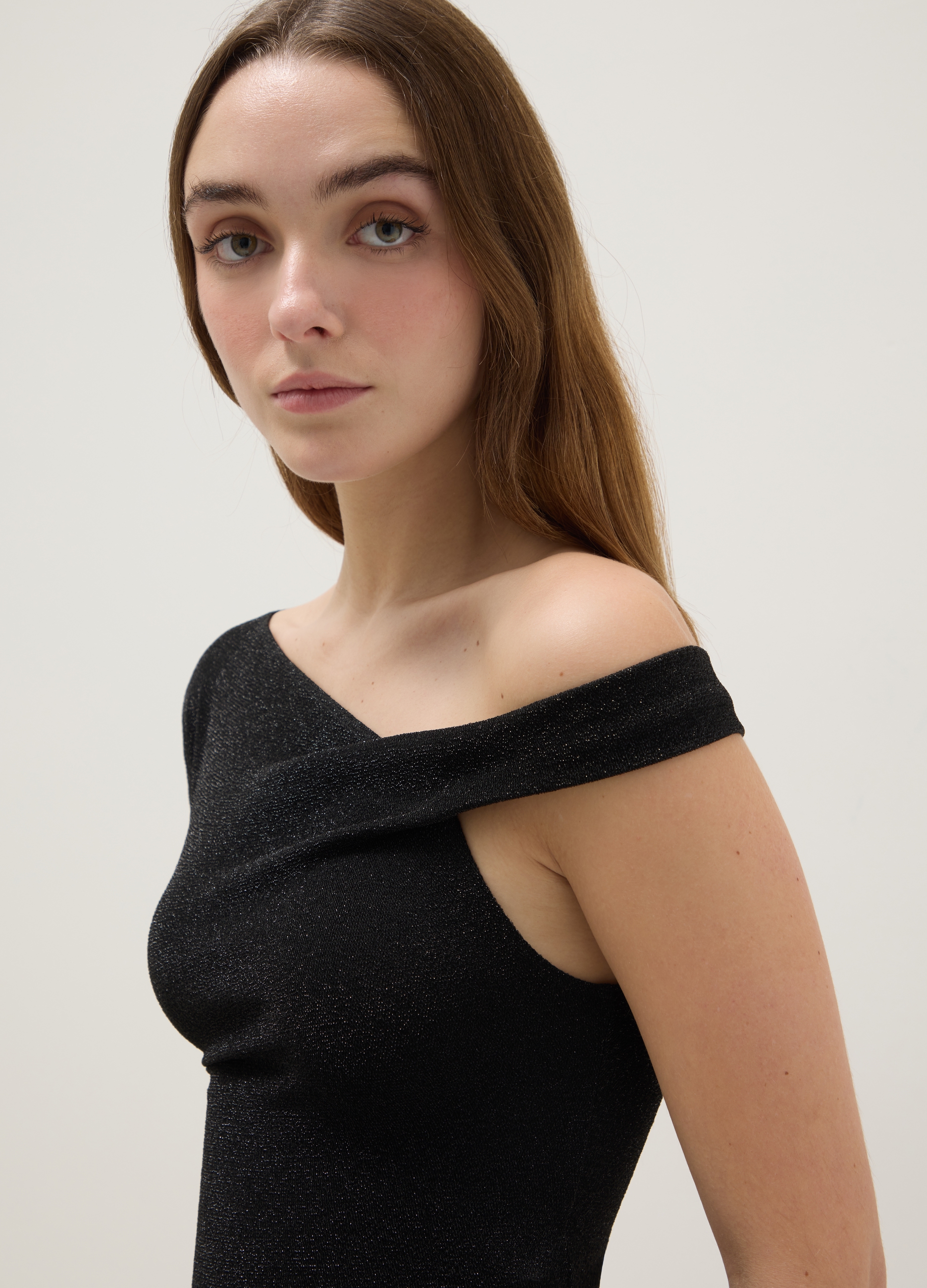 B.ANGEL, Camiseta Ajustada Negra De Mezcla De Viscosa Con Escote Madonna, Mujer, Gunmetal, Talla: 36