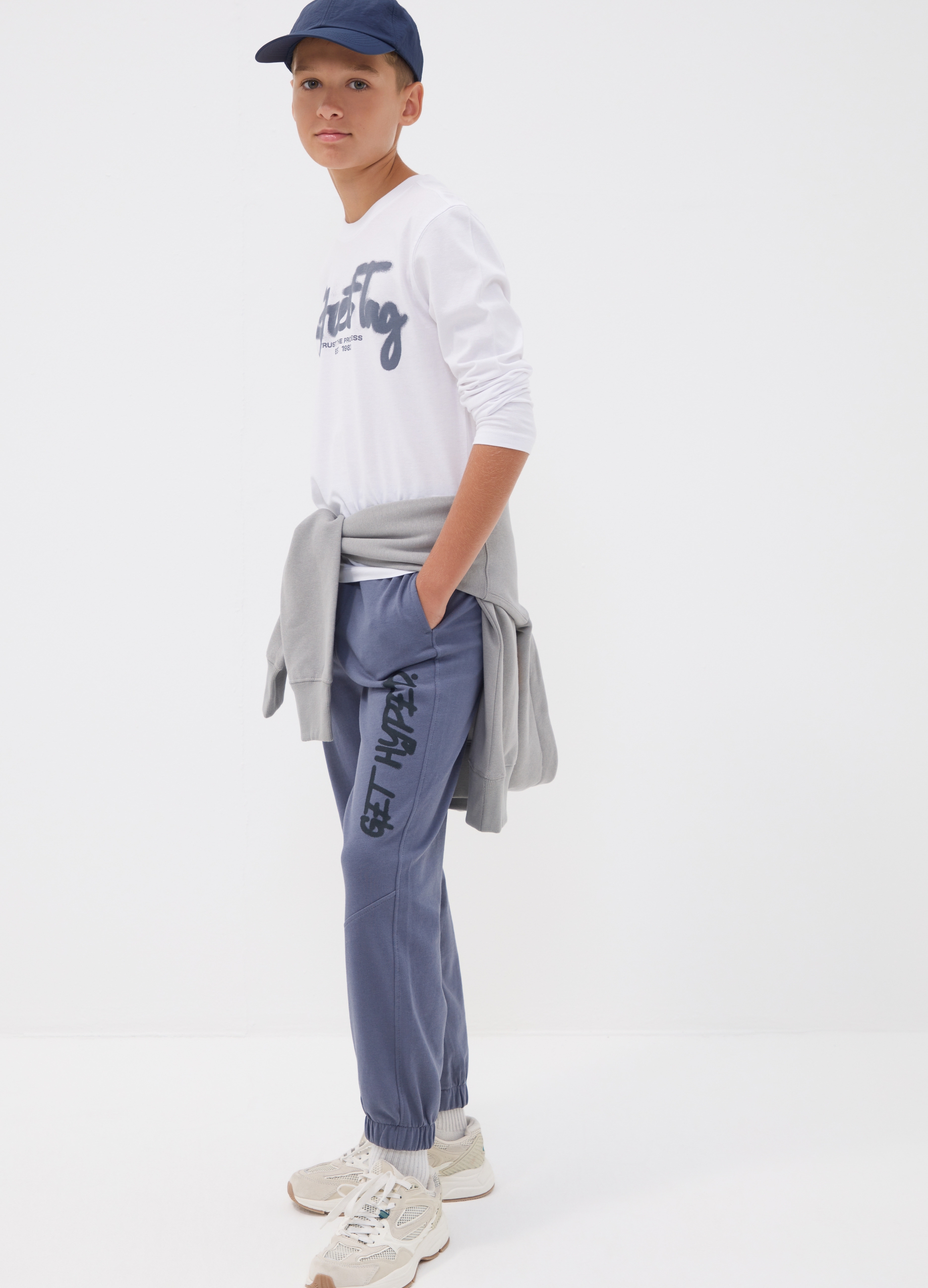 OVS KIDS, Pantaloni Jogger Over Fit Grigia In Puro Cotone Con Scritta "get Hyped" Per Ragazzo, Bambino, Grigio, Taglia: 12-13