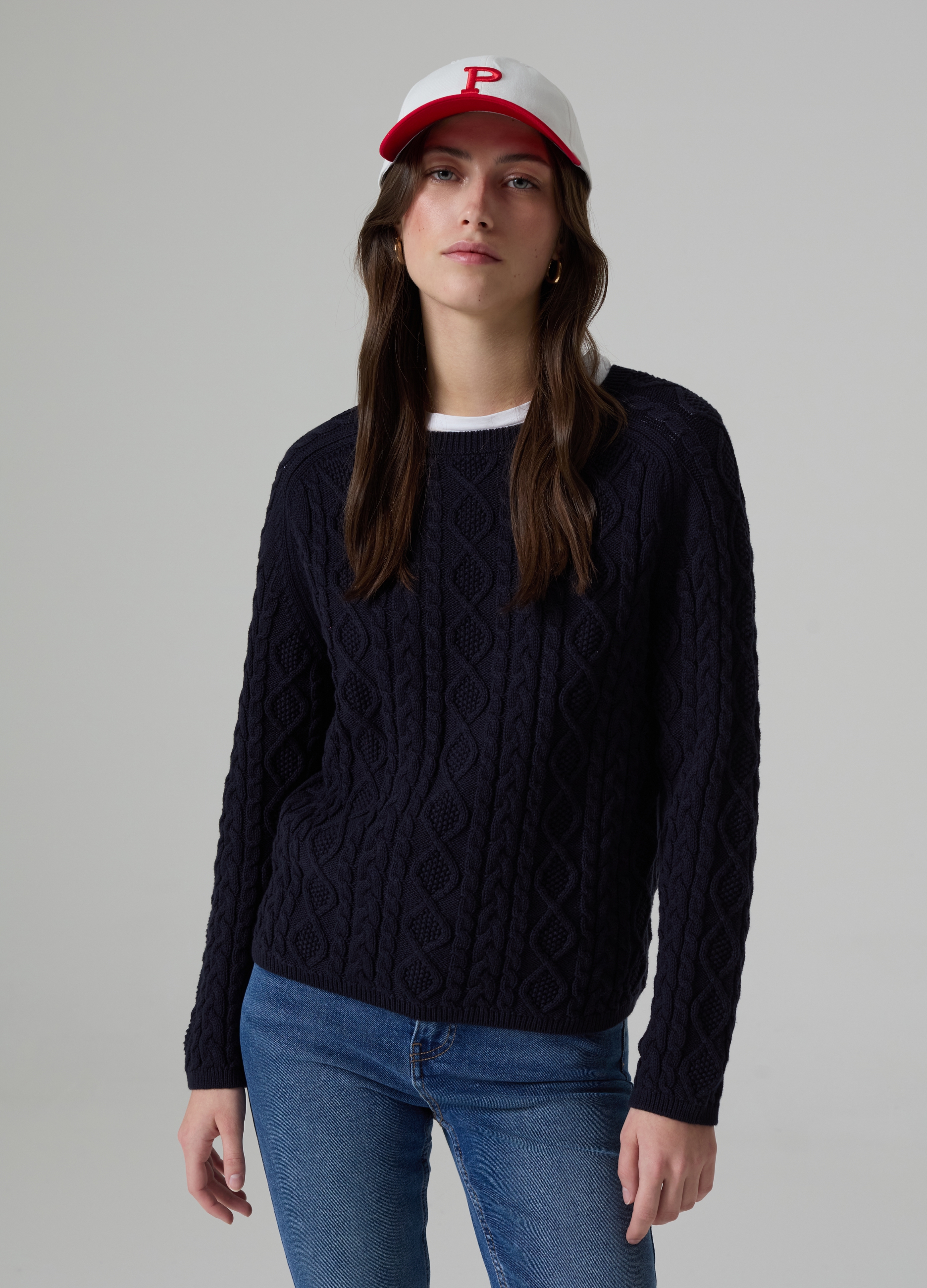 PIOMBO, Pullover Con Lavorazione Intrecciata, Donna, Blu, Taglia: L