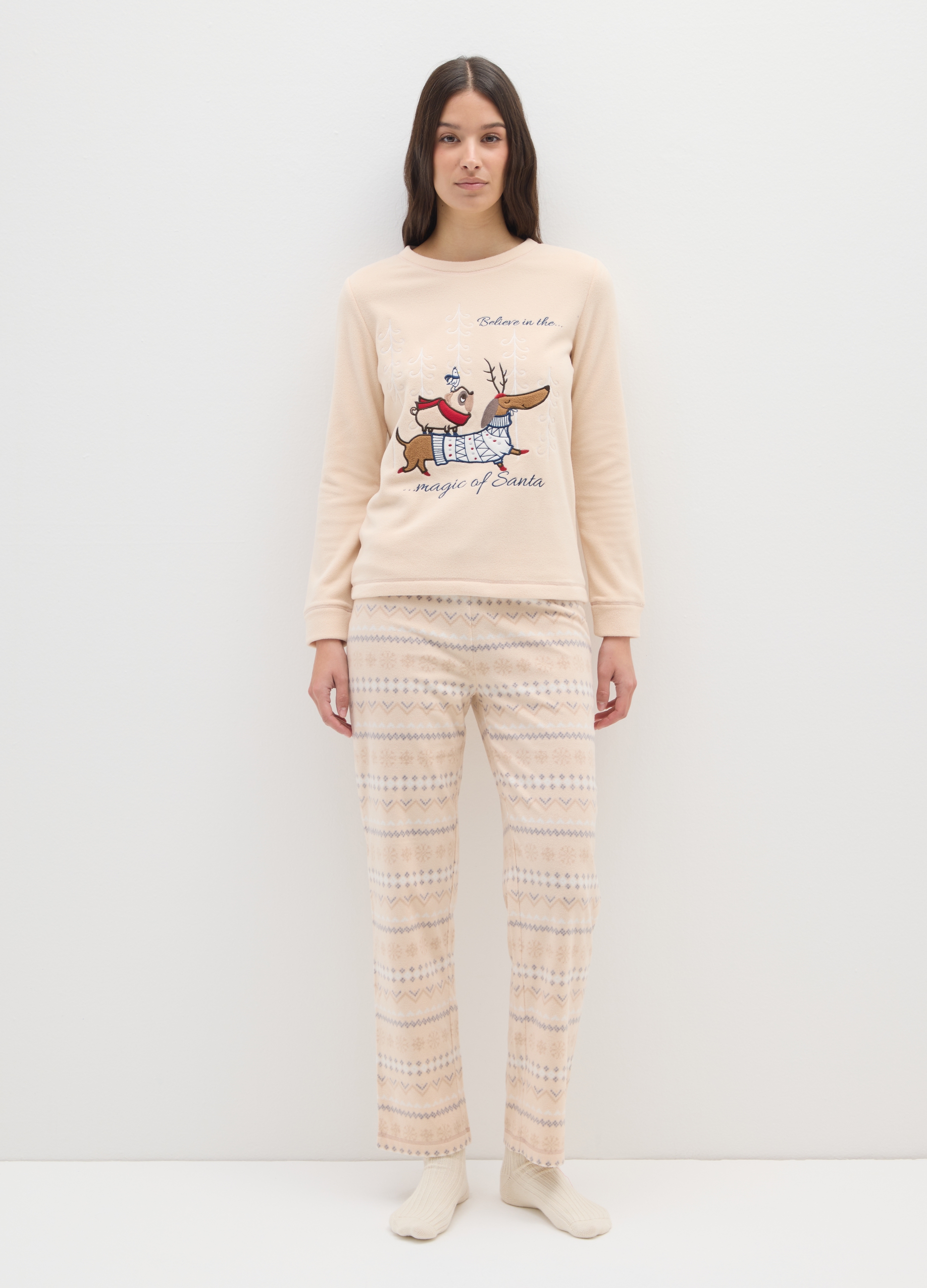 OVS, Pigiama Natalizio In Pile Beige Regular Fit Con Stampa, Donna, Beige, Taglia: S