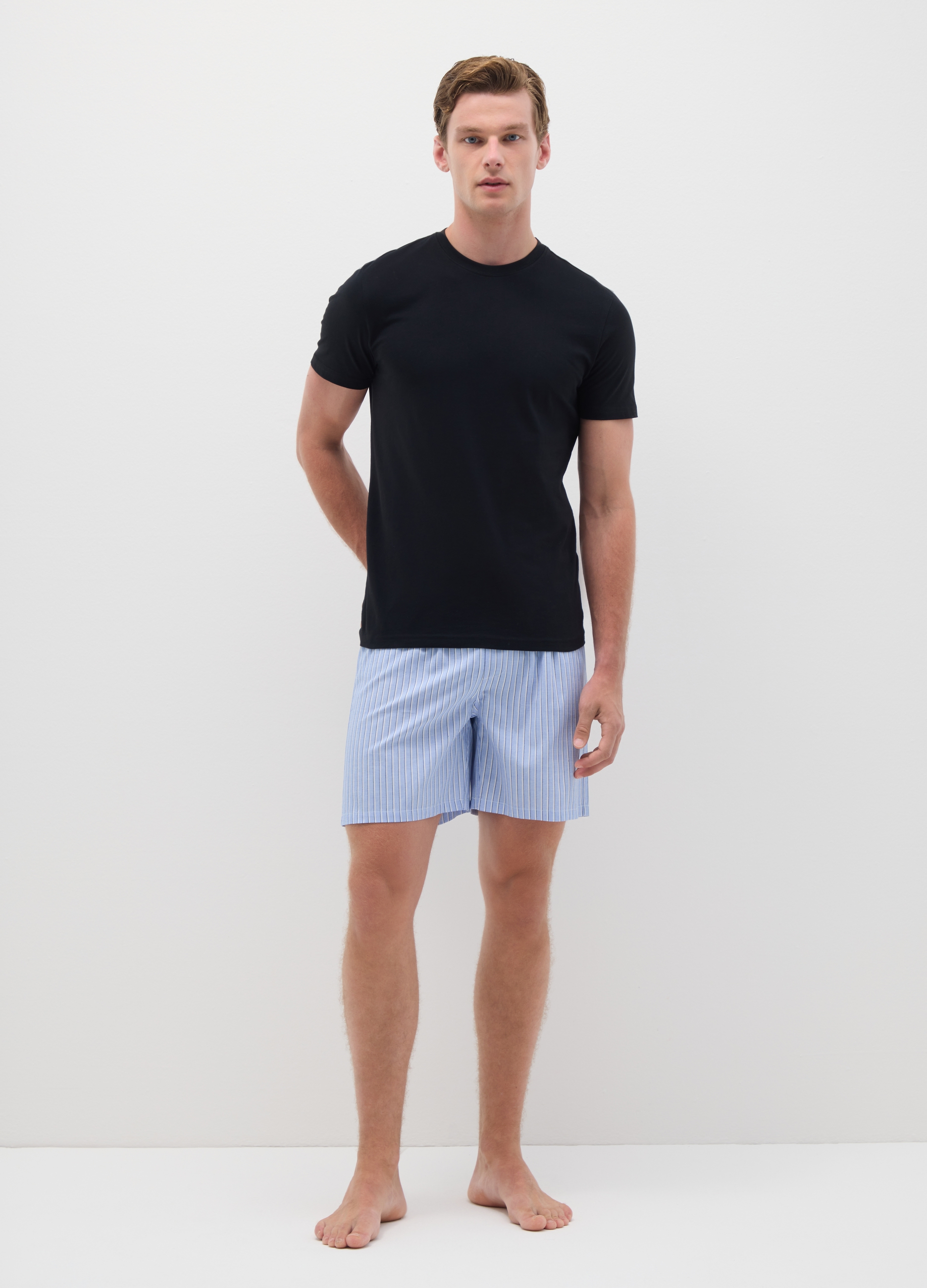 Shorts Para Hombre En Puro Algodón Multicolor Regular Fit A Rayas, Hombre, Azul suave, Talla: XL