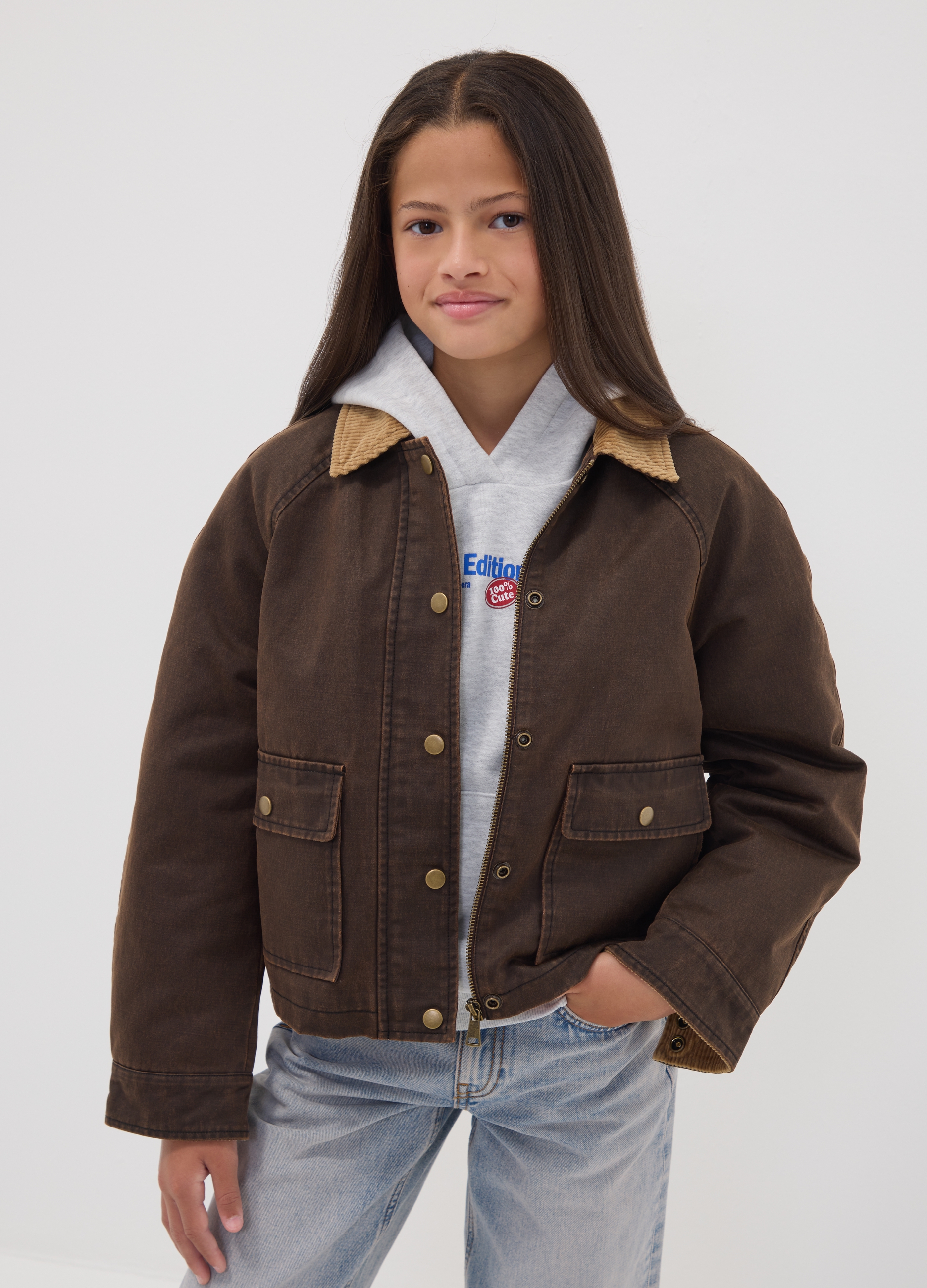 OVS KIDS, Giacca Marrone In Misto Cotone Con Colletto A Contrasto Per Ragazza, Bambina, Marrone, Taglia: 10-11