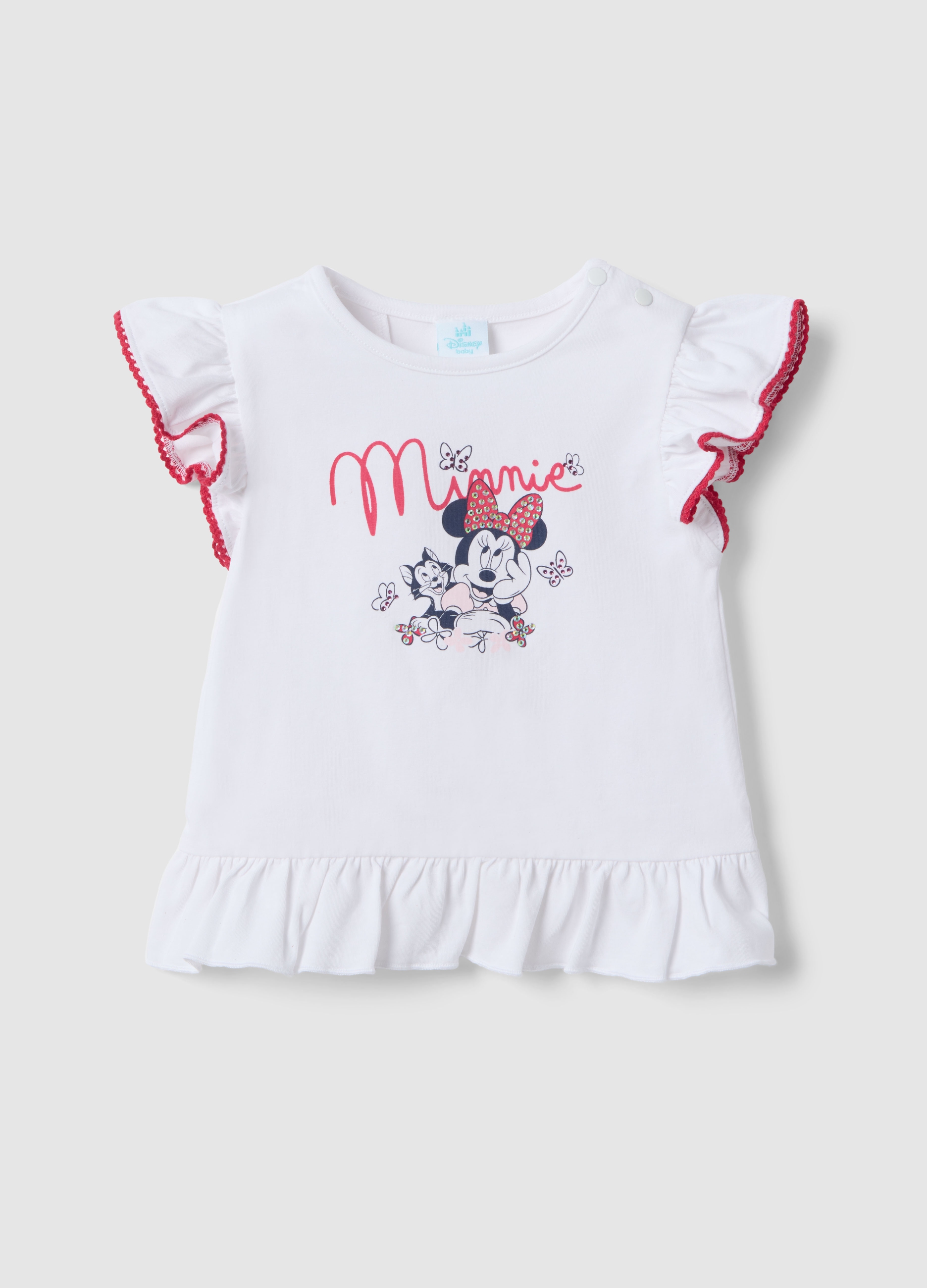 FAGOTTINO, Camiseta Blanca De Algodón Elástico Para Niñas Con Volantes De Minnie, Niña, Blanco óptico, Talla: 24-30