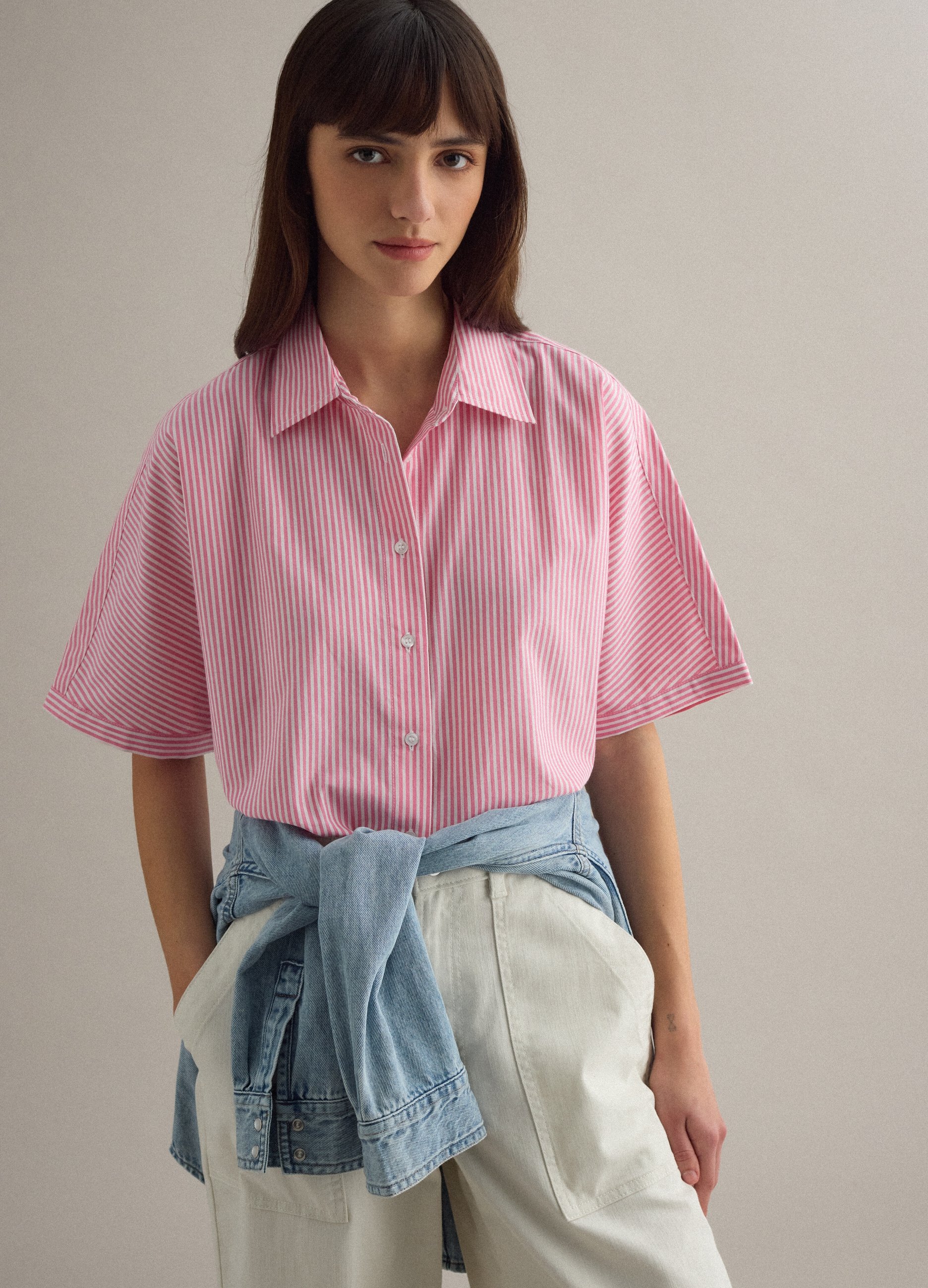 PIOMBO, Camisa De Algodón Puro A Rayas Blancas Y Rosas De Ajuste Holgado, Mujer, Pink/White, Talla: 36