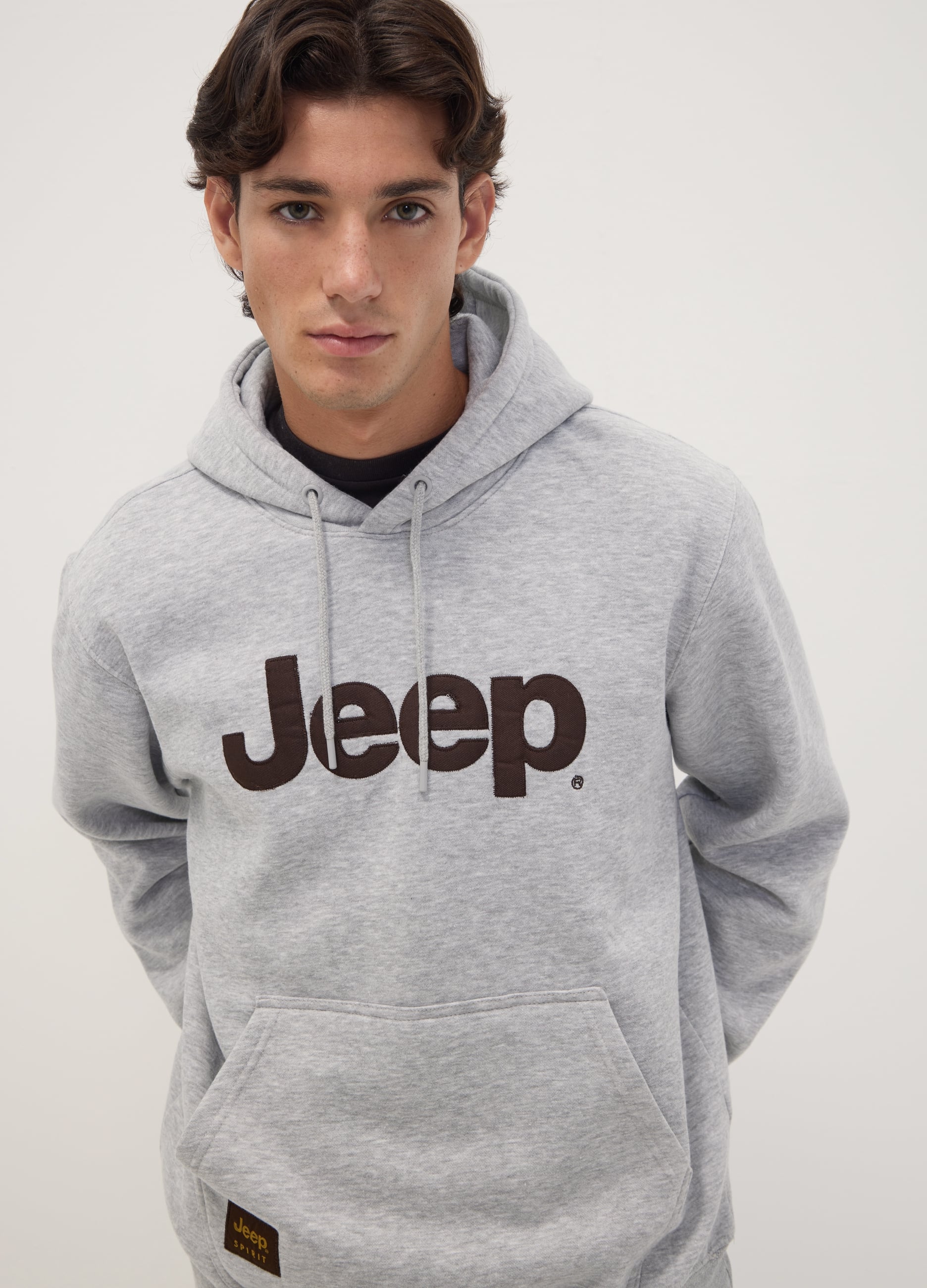 JEEP, Felpa Grigia In Misto Cotone Con Cappuccio E Stampa Jeep Relaxed Fit, Uomo, Grigio, Taglia: S