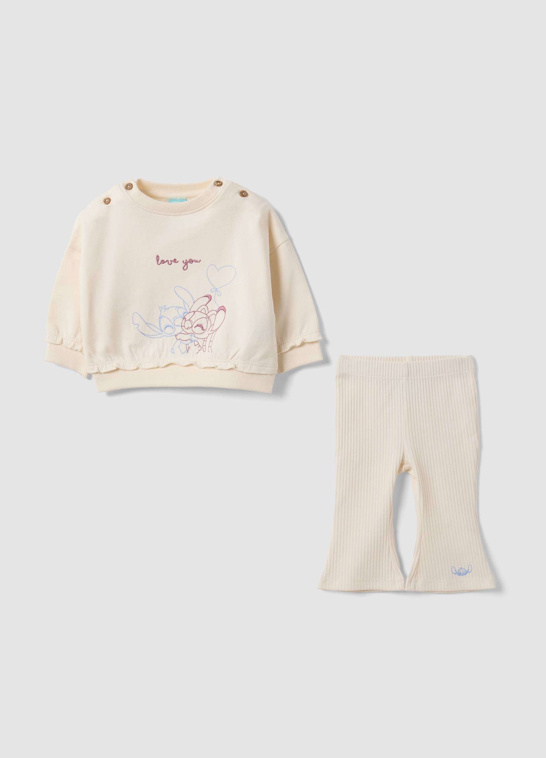 FAGOTTINO, Completo Beige In Puro Cotone Organico Con Stampa Lilo E Stitch Per Neonata, Beige, Taglia: 1-3