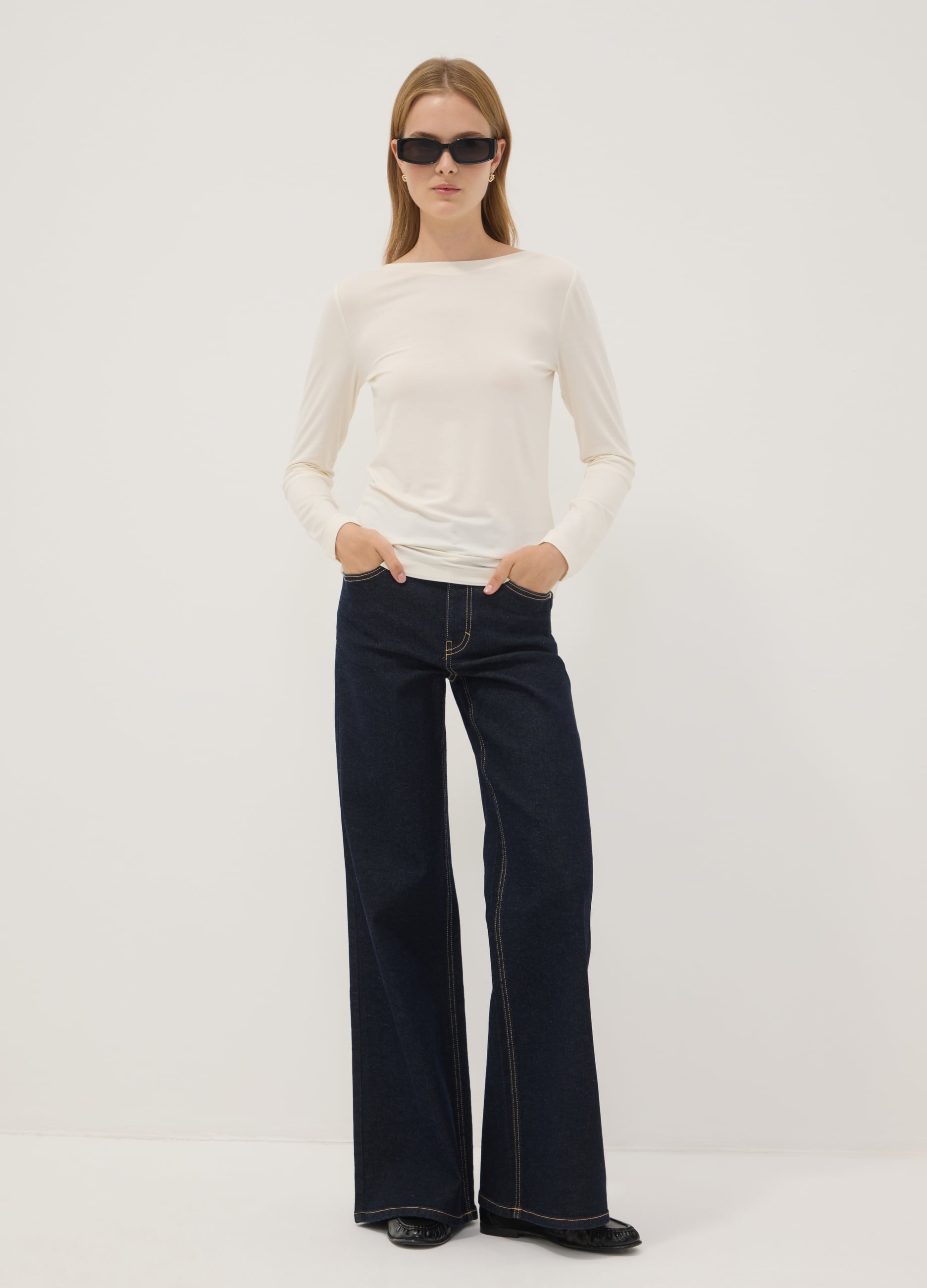 REPUBLIC OF DENIM, Jeans Blu Wide Leg In Cotone Elasticizzato, Donna, Blu, Taglia: 40