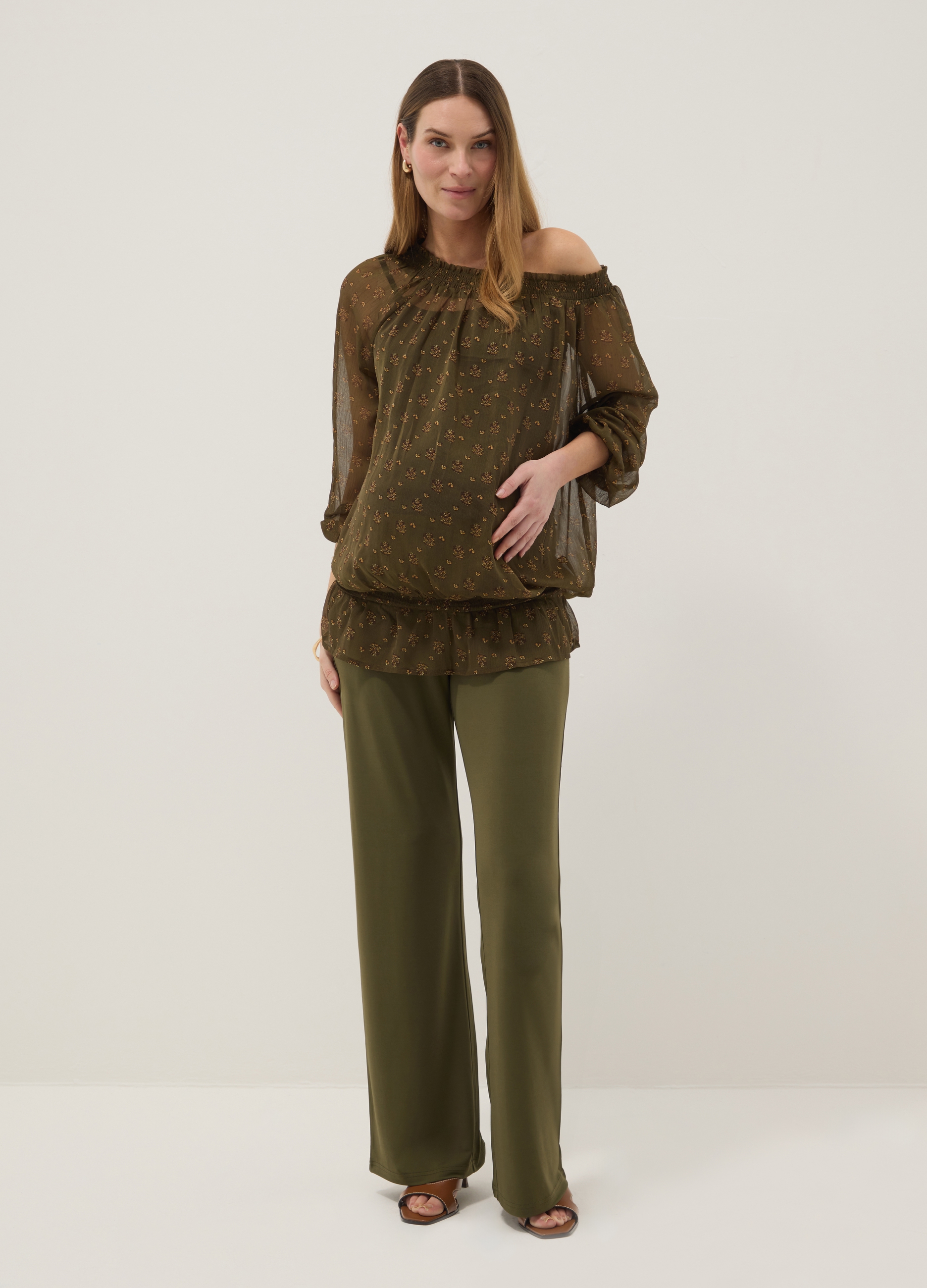 NICOL CARAMEL, Blusa Premaman Verde Con Scollo A Barchetta E Stampa Fantasia, Donna, Verde, Taglia: 40