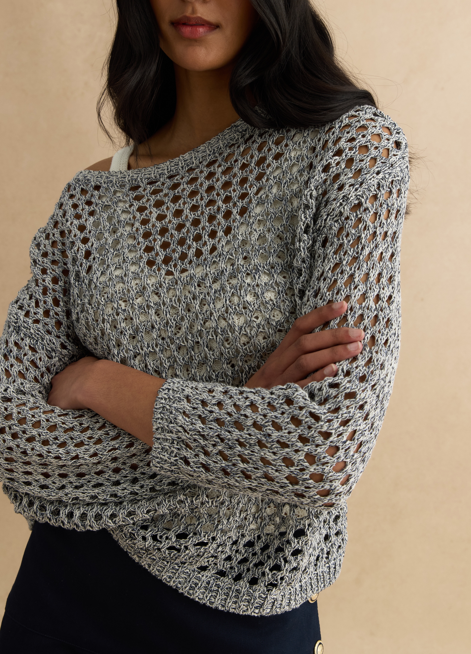 LES COPAINS, Maglione Grigio In Misto Cotone Con Trama A Rete, Mujer, Negro, Talla: 40