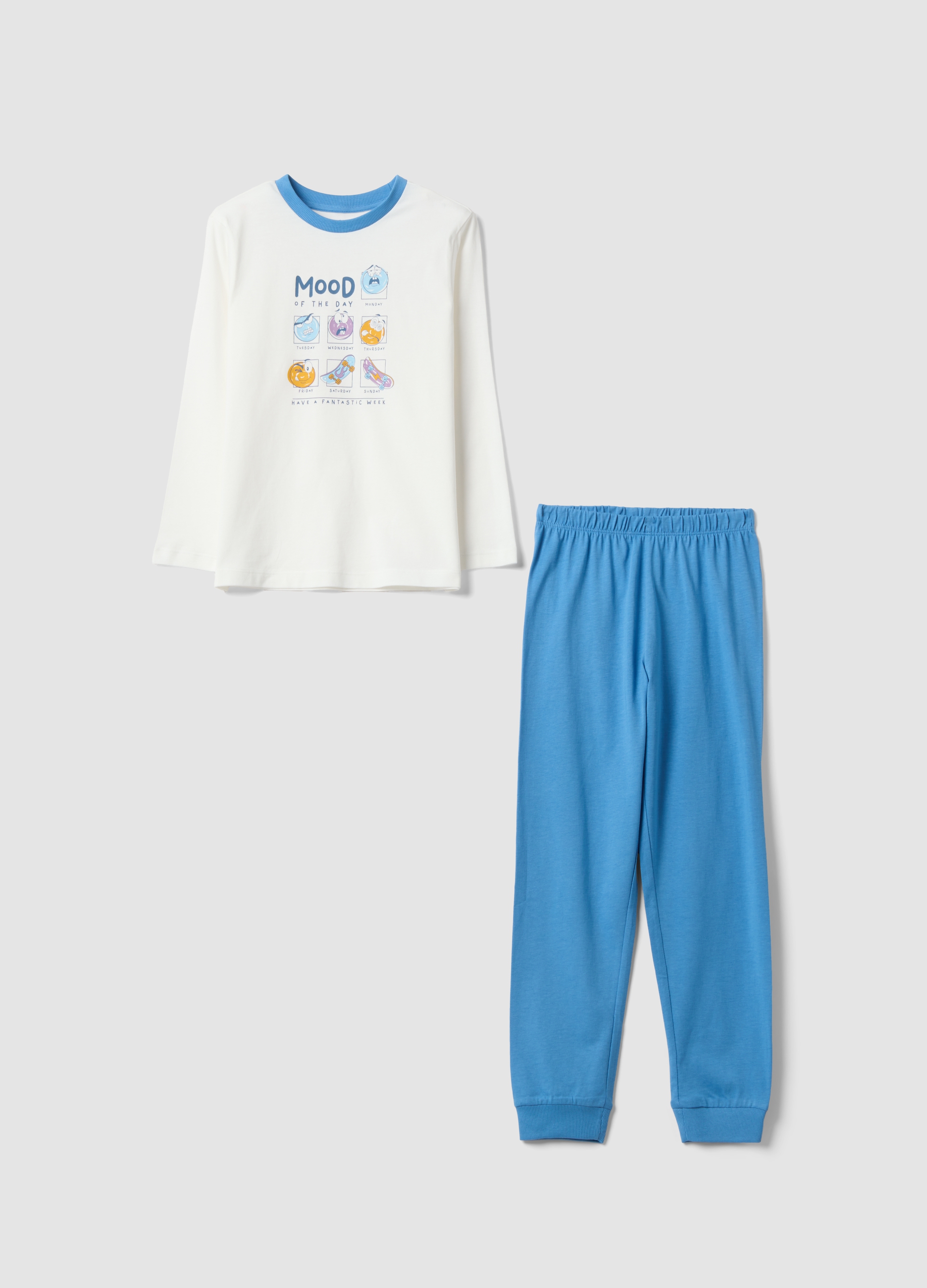 OVS KIDS, Pigiama Lungo Bianco In Cotone Jersey Organico Con Stampa Per Bambino E Ragazzo, Bianco, Taglia: 5-6