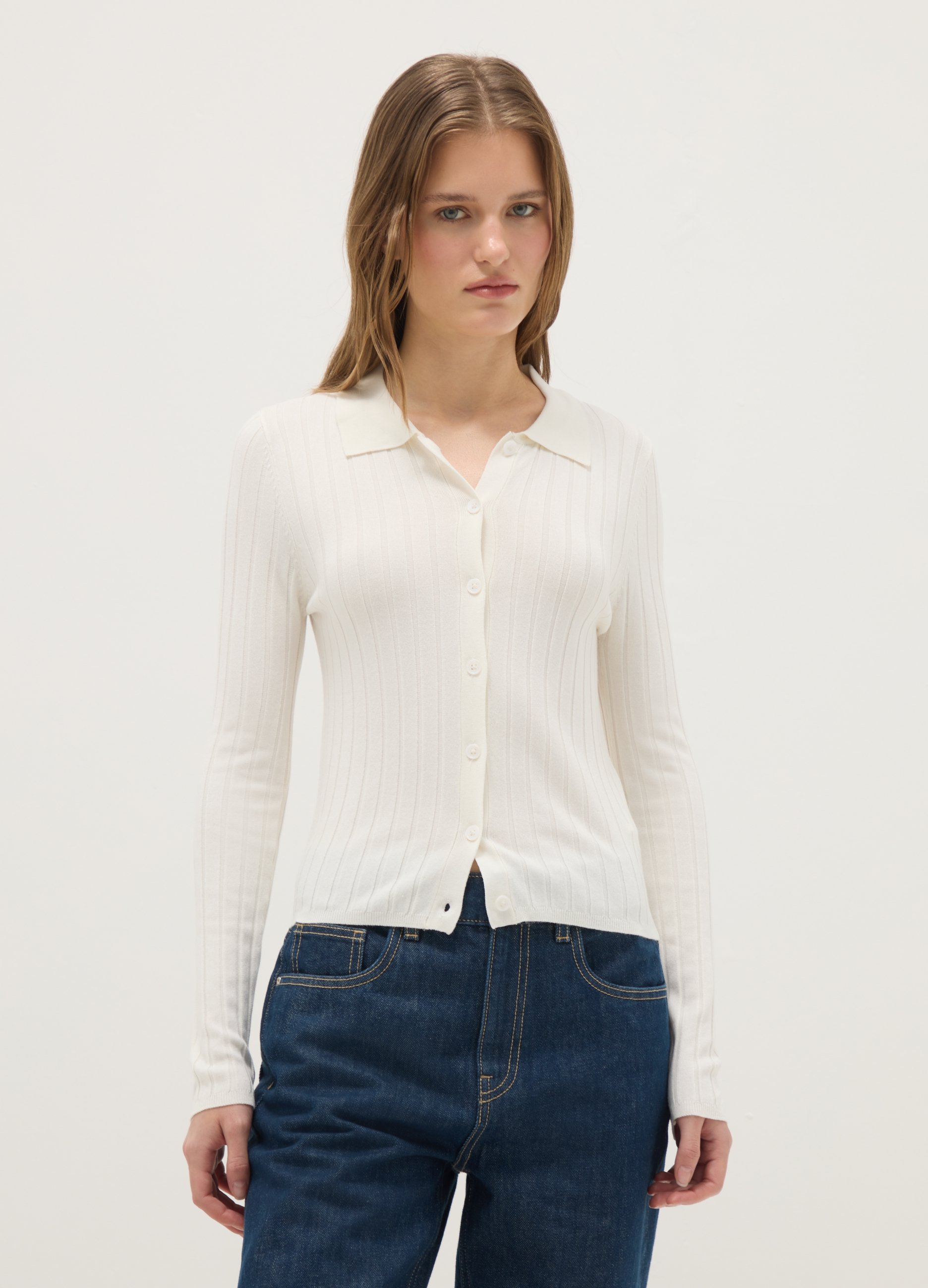 Cárdigan Blanco Ajustado De Canalé Con Cuello Polo, Mujer, Blanco, Talla: 42