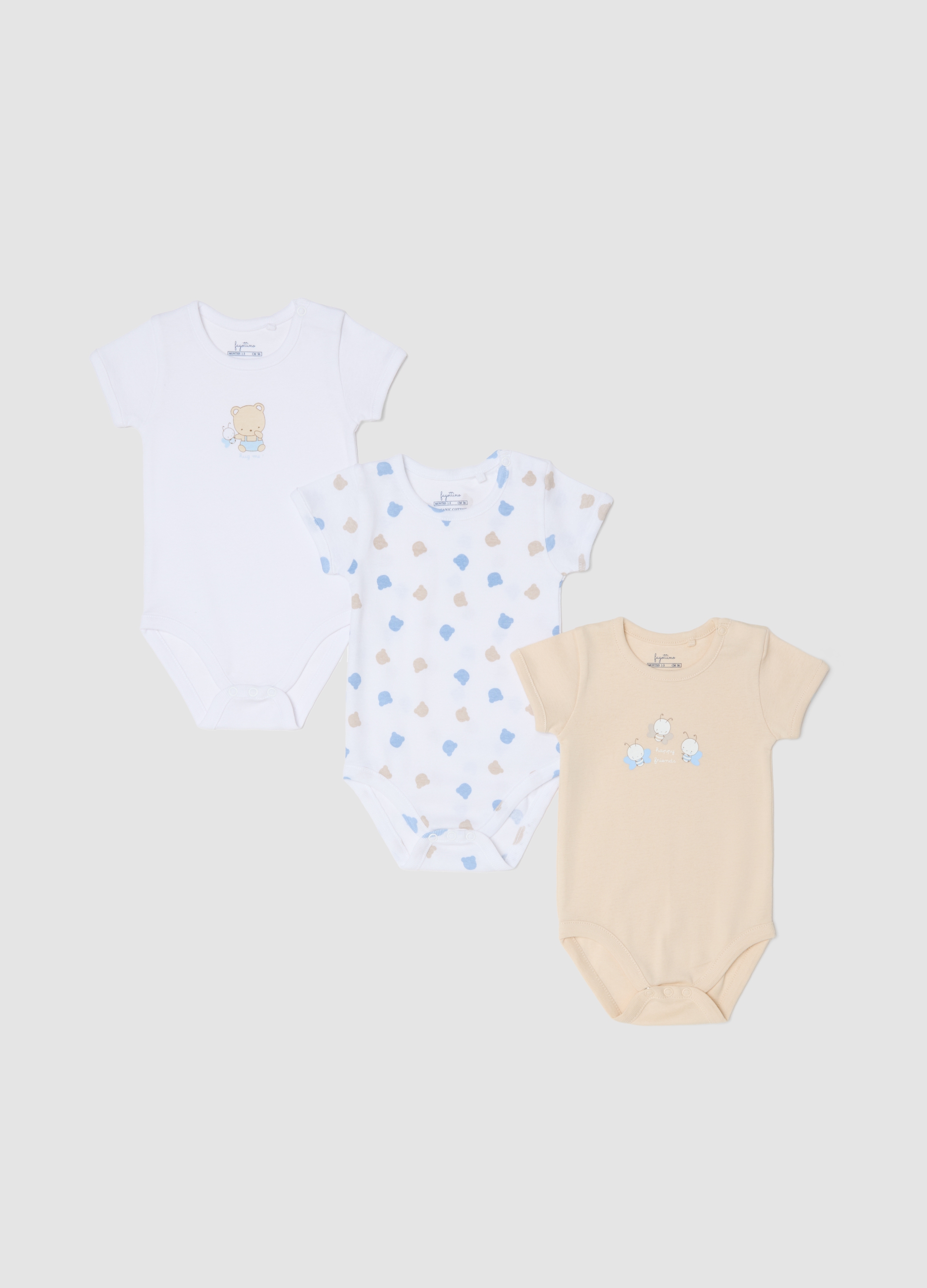 FAGOTTINO, Tripack De Bodies Multicolores De Algodón Puro Para Recién Nacido Con Diseños, Bebé Niño, Blanco/beige, Talla: 1-3