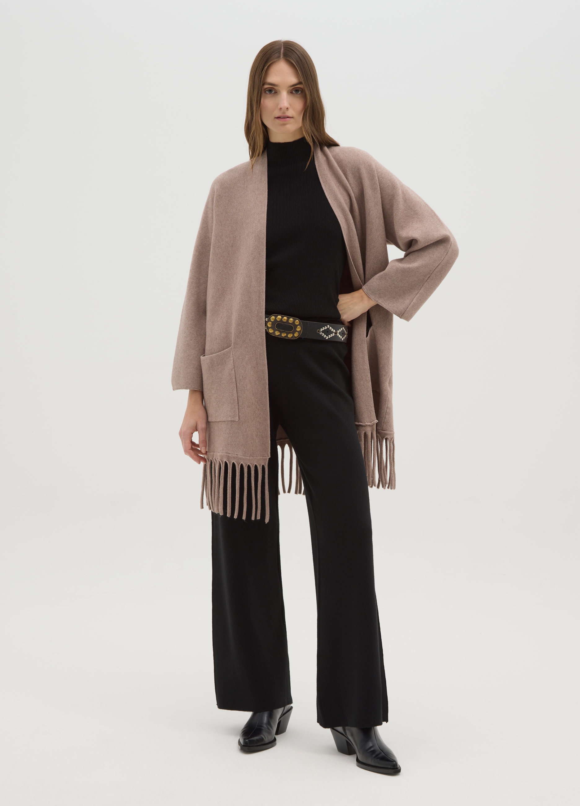 HYBRID, Cardigan Lungo Beige Chiaro Con Frange Sul Fondo, Donna, Beige, Taglia: S/M