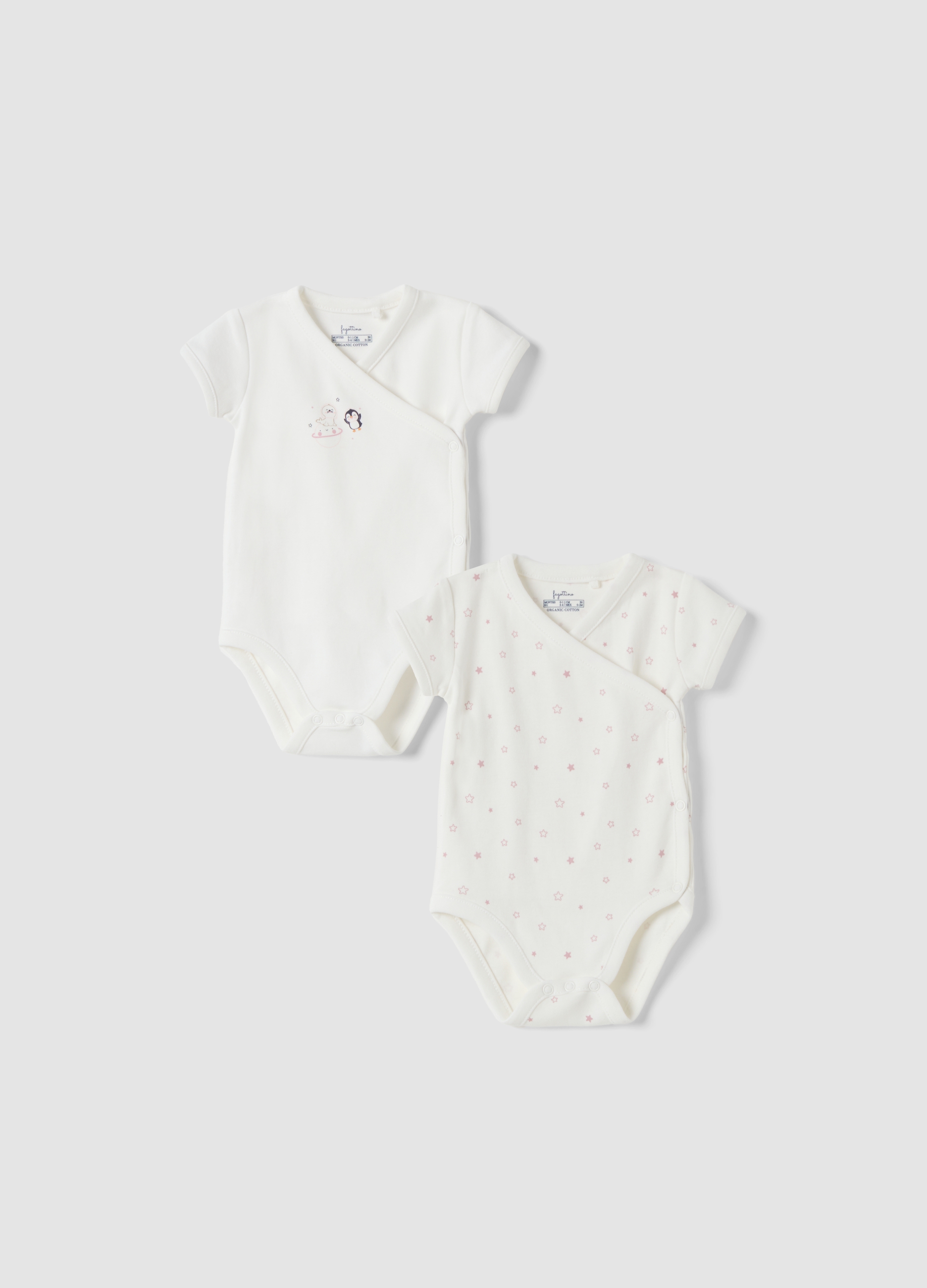 FAGOTTINO, Bipack Body Bianchi In Puro Cotone Organico Girocollo Con Stampa, Neonata, Bianco, Taglia: 0-1