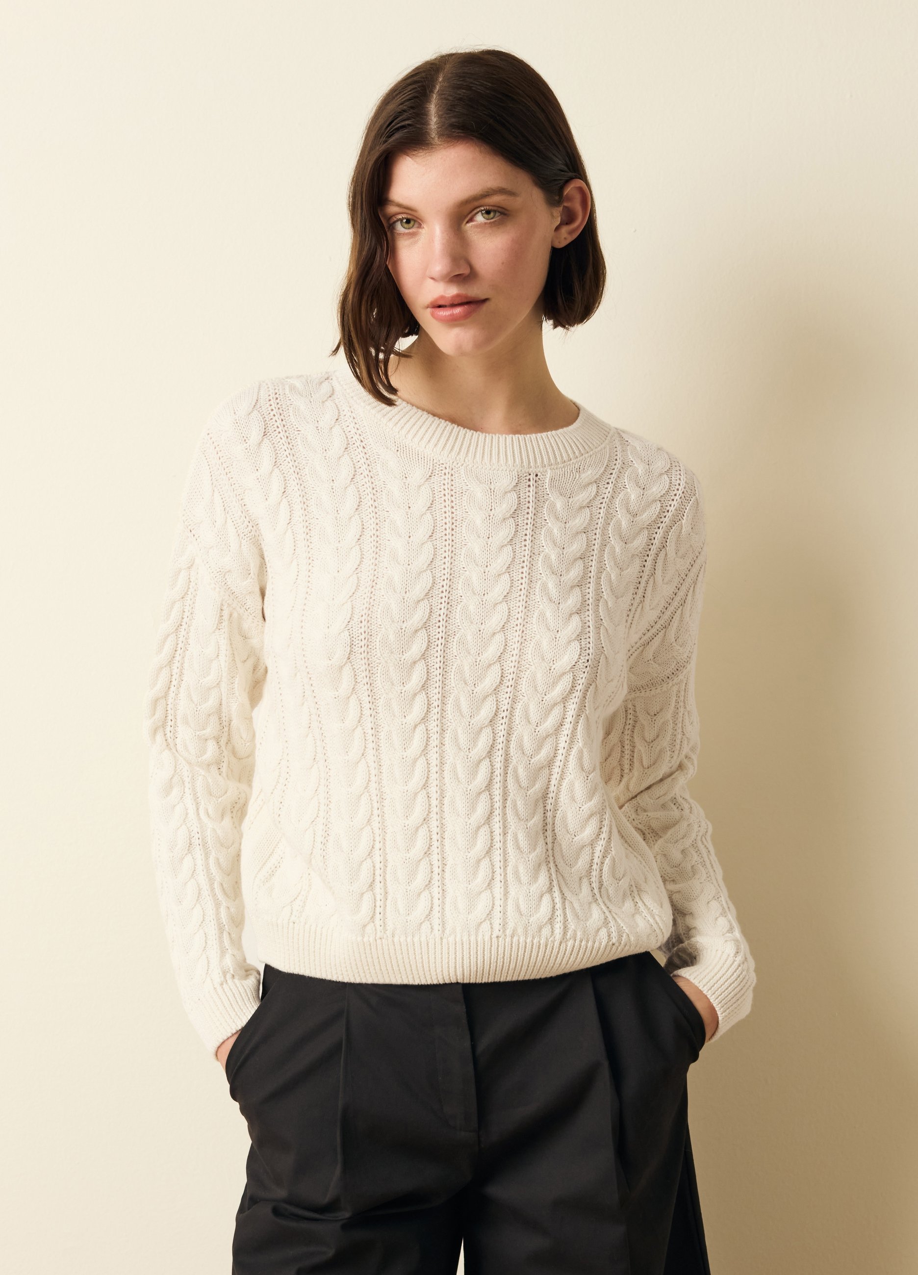 LES COPAINS, Pullover A Trecce Con Scollo Rotondo, Donna, Bianco, Taglia: L