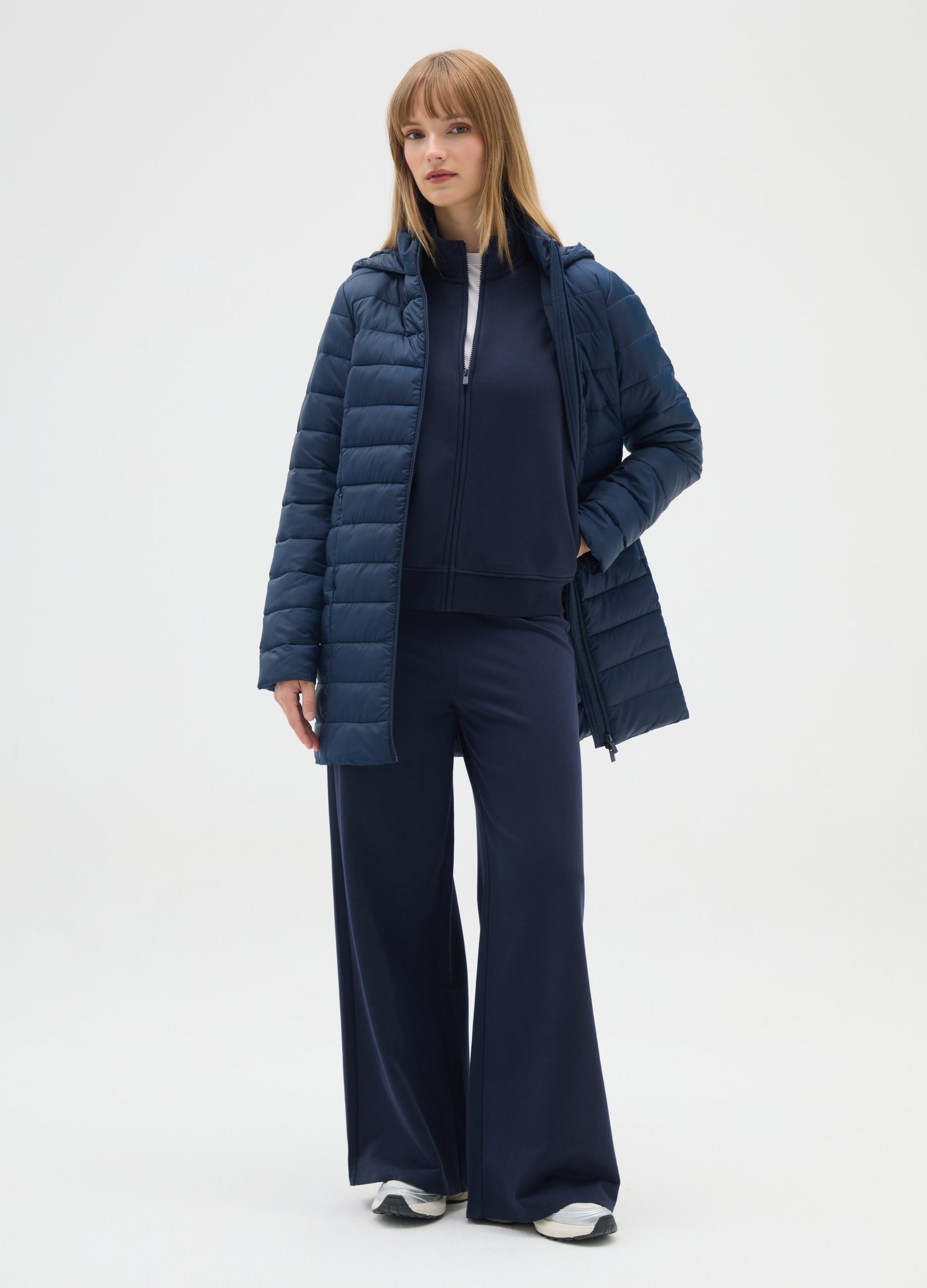 OVS, Chaqueta Larga Acolchada Azul Con Capucha Y Cremallera, Mujer, Azul marino, Talla: L