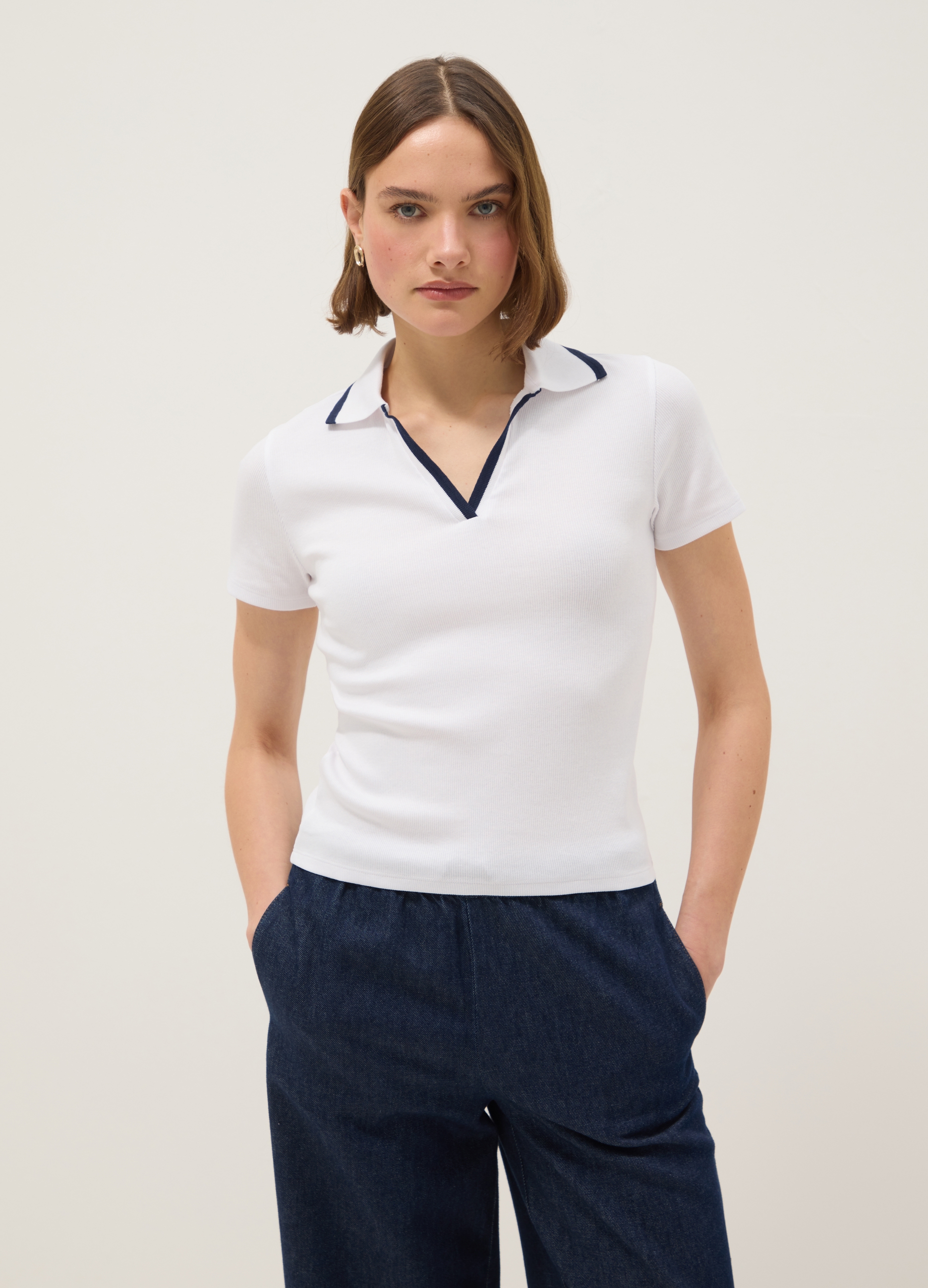Polo Blanco Regular Fit De Algodón Elástico Con Cuello Contrastado, Mujer, Blanco óptico, Talla: 42