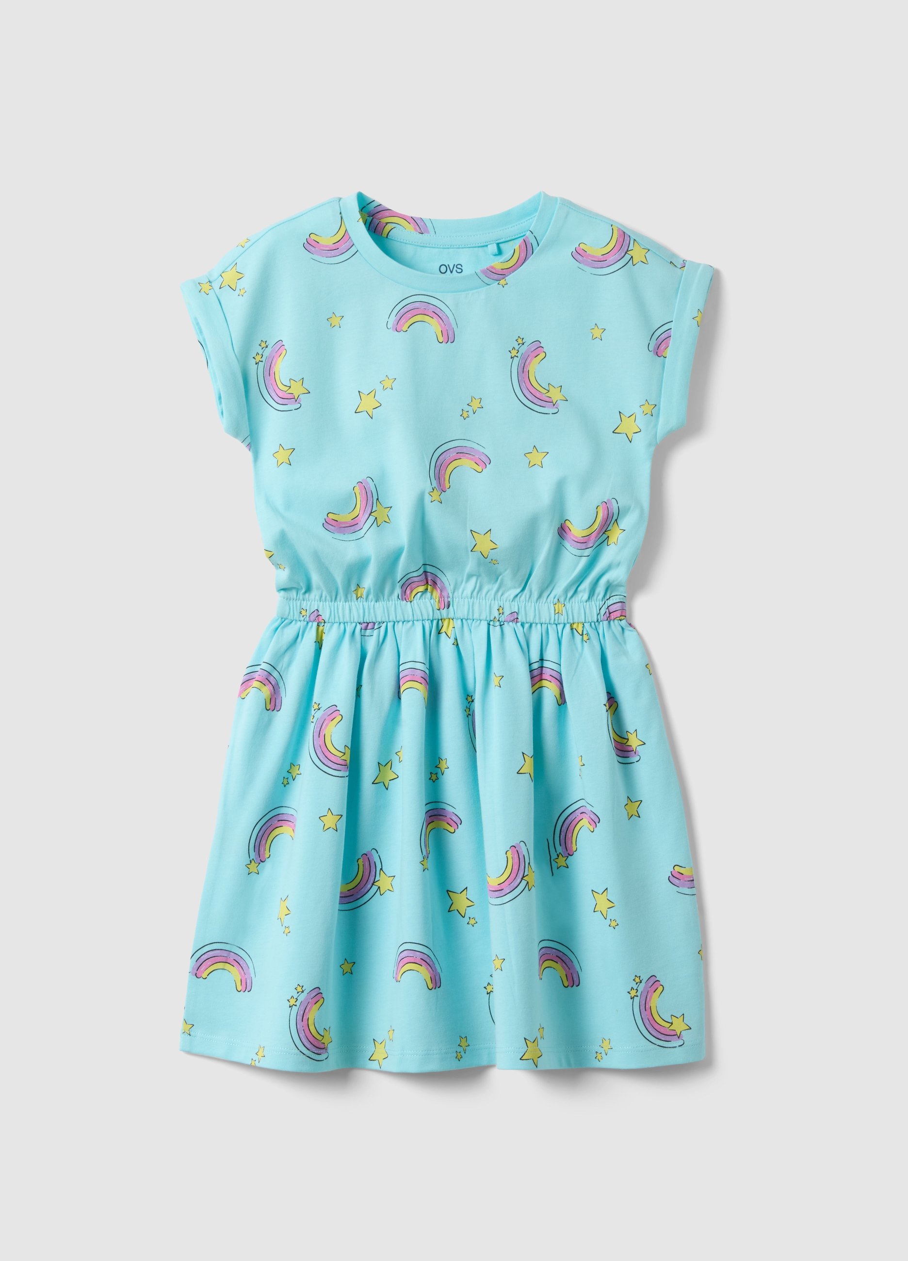 OVS KIDS, Vestido Azul De Algodón Puro Para Niñas Regular Fit Con Arcoíris, Niña, Azul Azur, Talla: 8-9