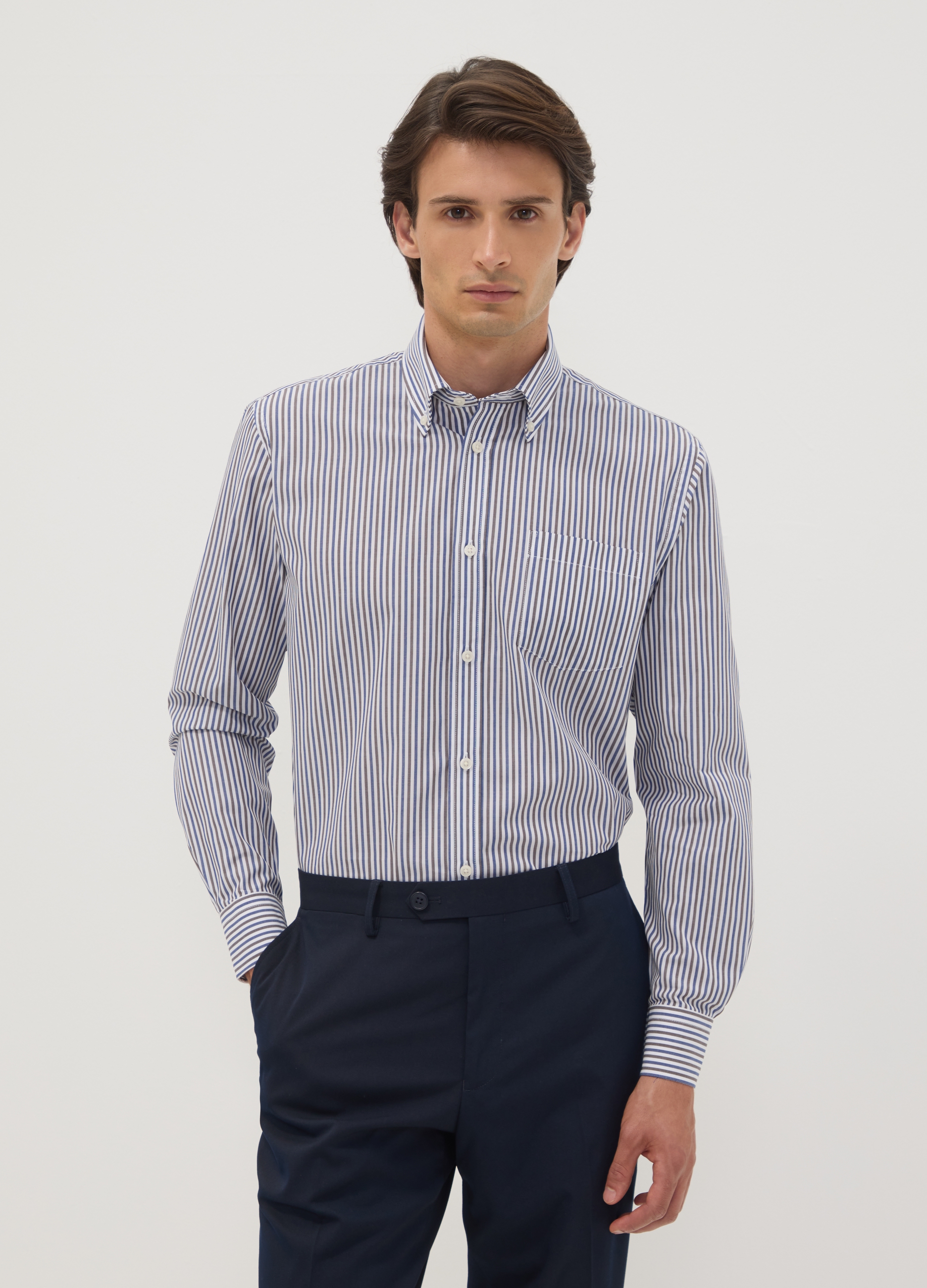 OVS, Camicia Bianca In Misto Cotone A Righe Con Collo Button-down Easy Iron, Uomo, Bianco, Taglia: 39