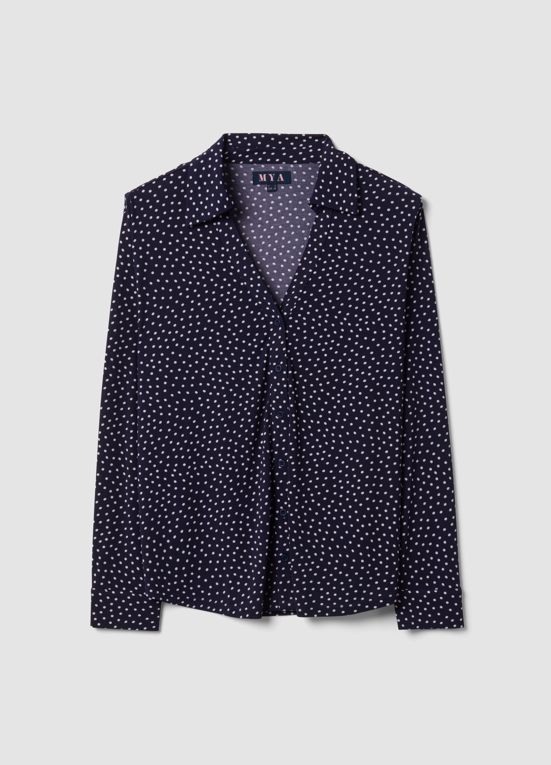 MYA, T-shirt Blu In Tessuto Elasticizzato Con Colletto A Pois Regular Fit, Donna, Blu, Taglia: L