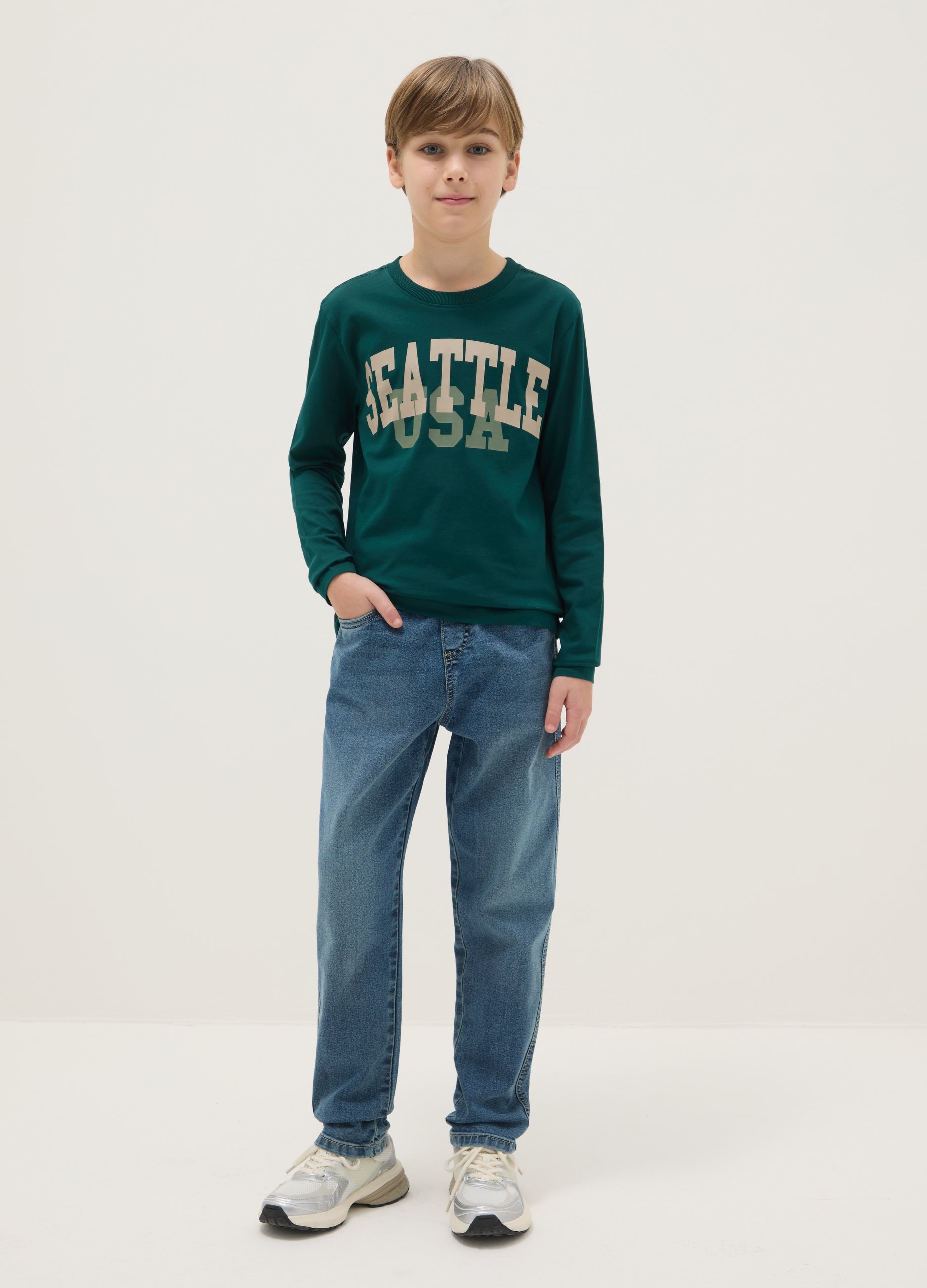 REPUBLIC OF DENIM, Vaqueros De Mezcla De Algodón Azul Con Ajuste Regular Y Cinturón Elástico, Niño, Azul vaquero, Talla: 12-13